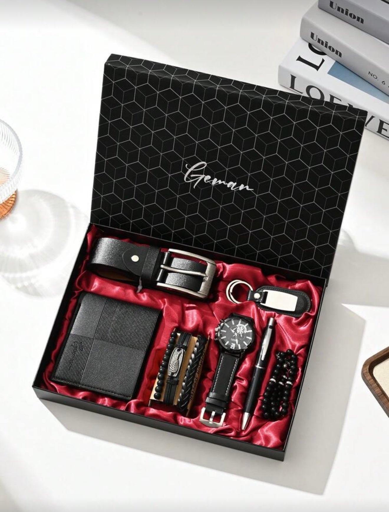 Bon&Bon 7-Delige Luxe Heren Cadeauset - Zwart - Riem & Horloge