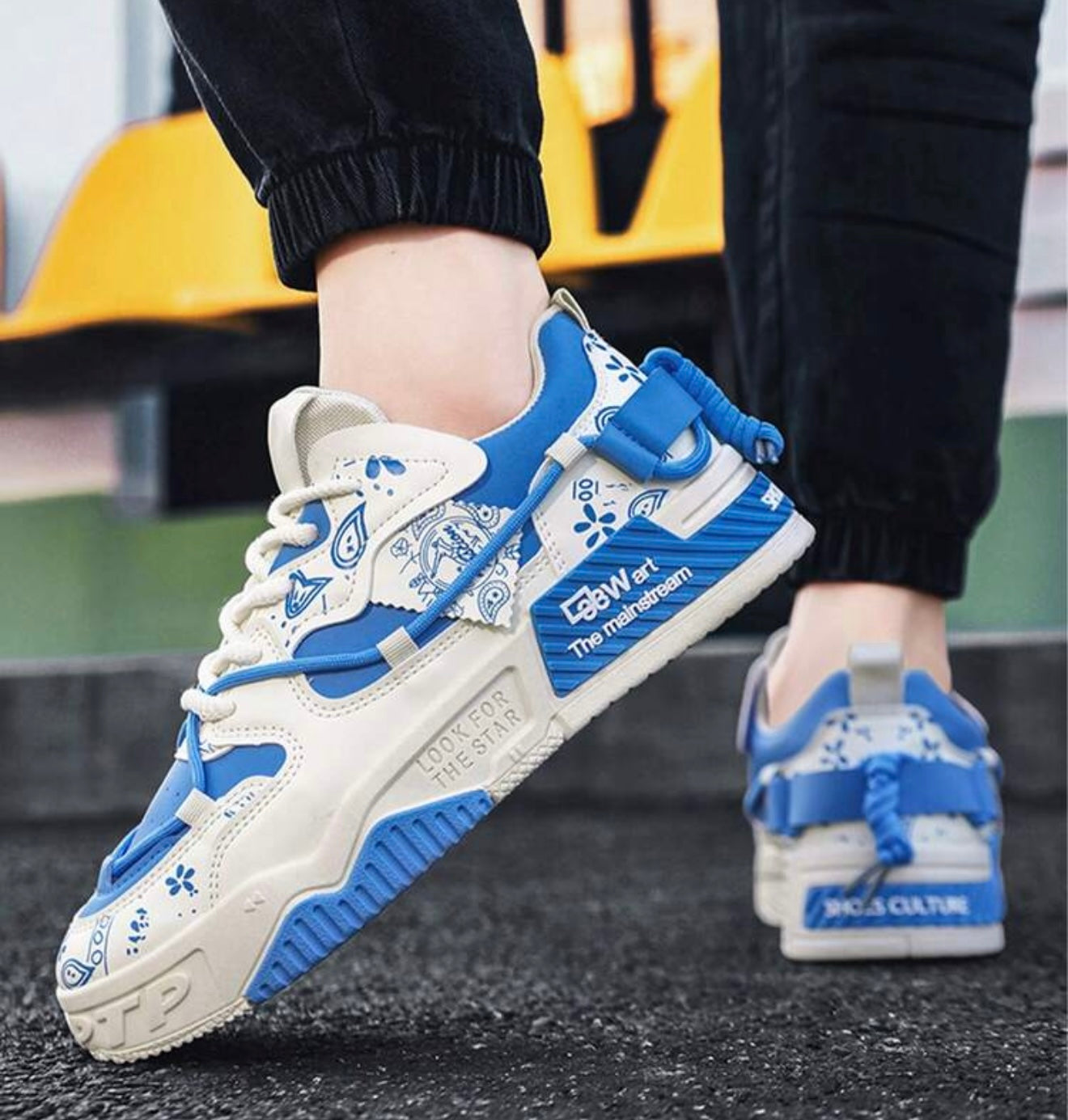 Bon&Bon Blauwe Heren Veterschoenen met Letterpatroon – Casual Sneakers