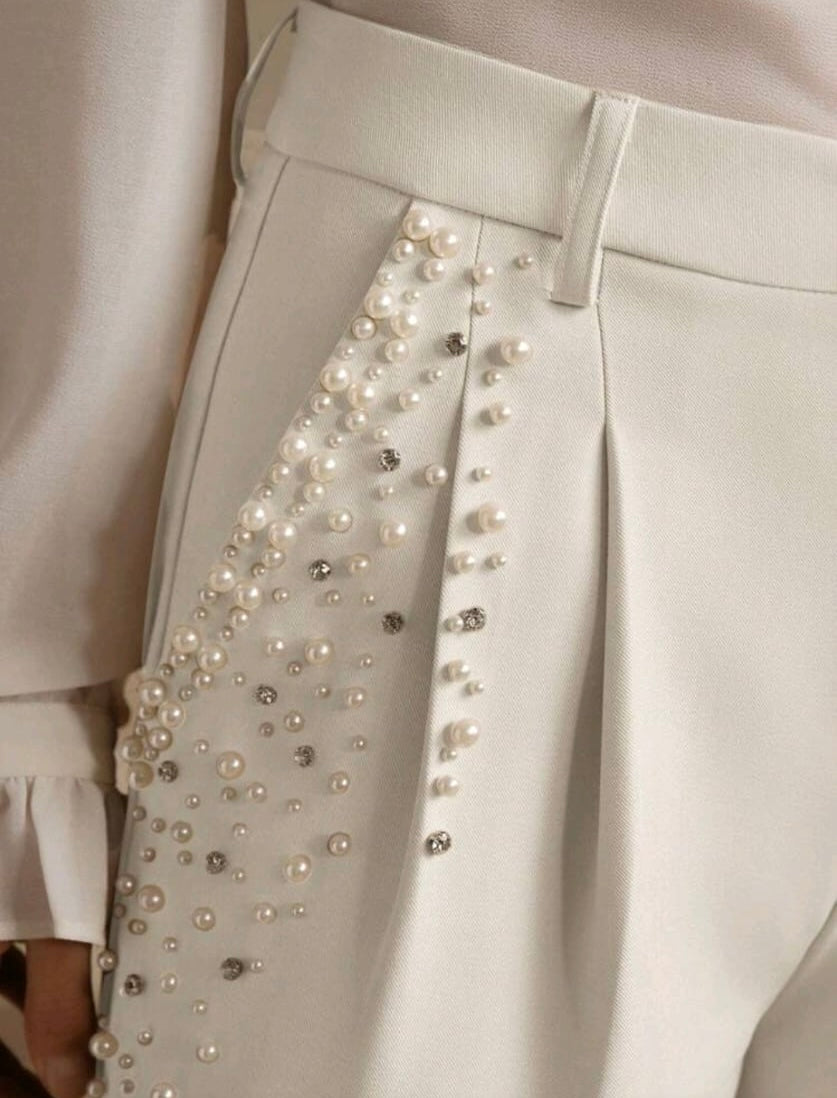 Bon&Bon Women’s Pearl Ornament Suit Pants – Apricot Polyester Trousers