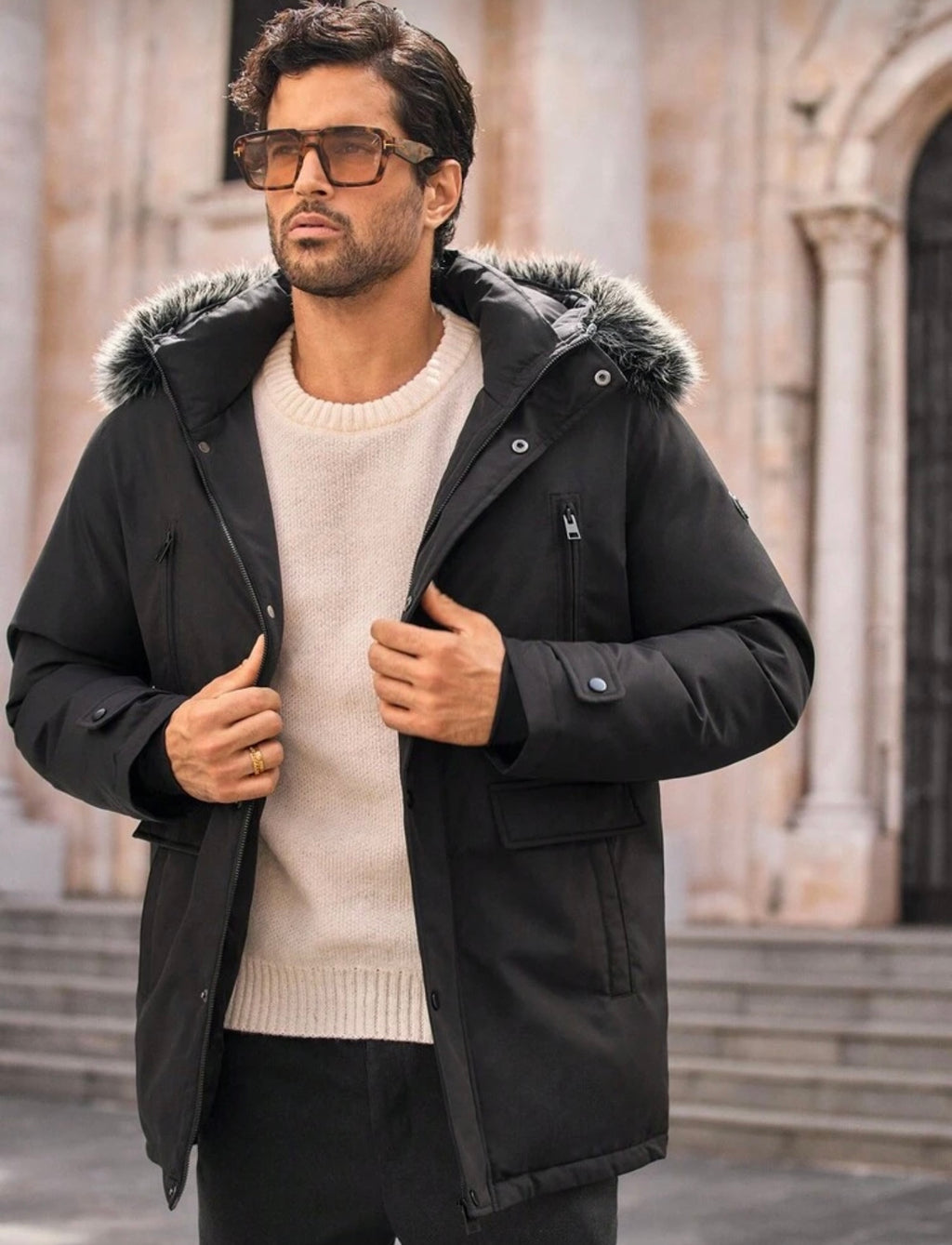 Bon&Bon Lange Winterjas Heren - Parka met Bontkraag - Zwart Polyester