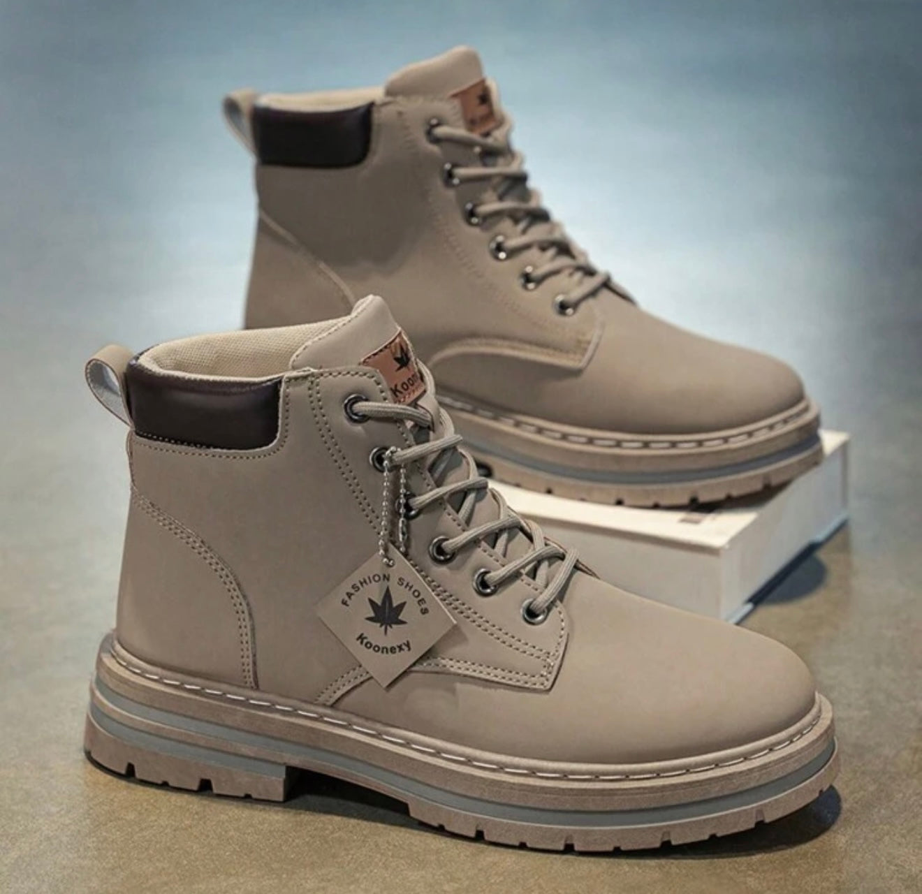 Bon&Bon Winter Hoge Veterschoenen voor Heren – Beige Rubberen Zool