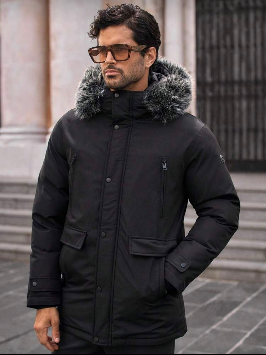 Bon&Bon Lange Winterjas Heren - Parka met Bontkraag - Zwart Polyester