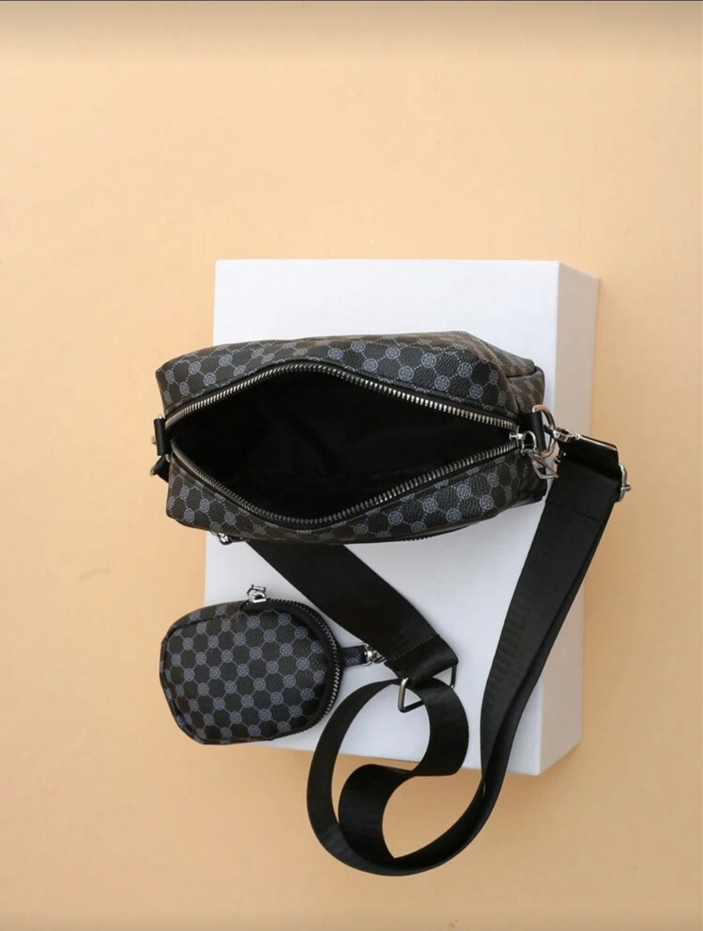 Bon&Bon Heren Schoudertas met Borduurwerk en Mini Portemonnee – Zwart