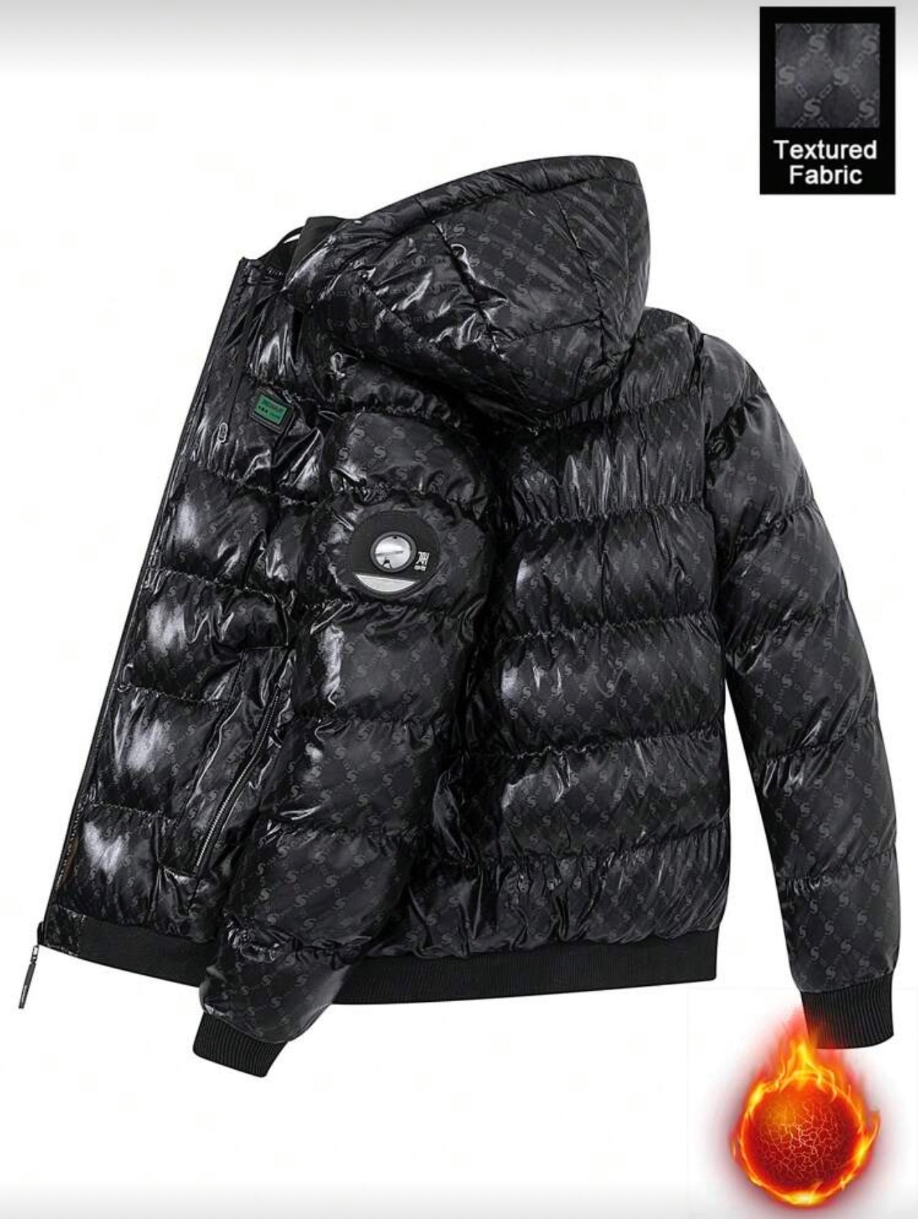 Bon&Bon Heren Winterjas Zwart – Gewatteerd met Grafische Print