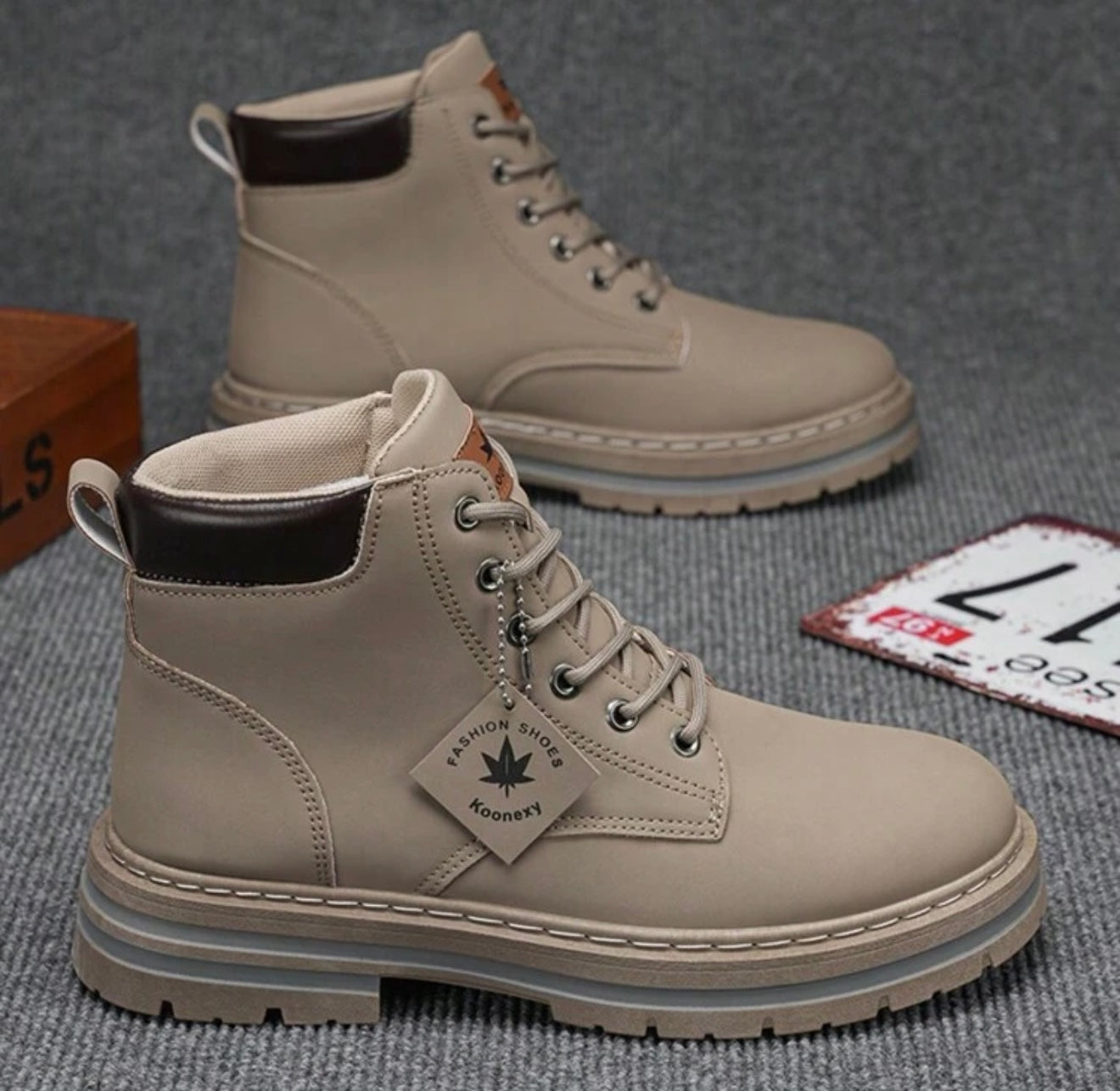 Bon&Bon Winter Hoge Veterschoenen voor Heren – Beige Rubberen Zool