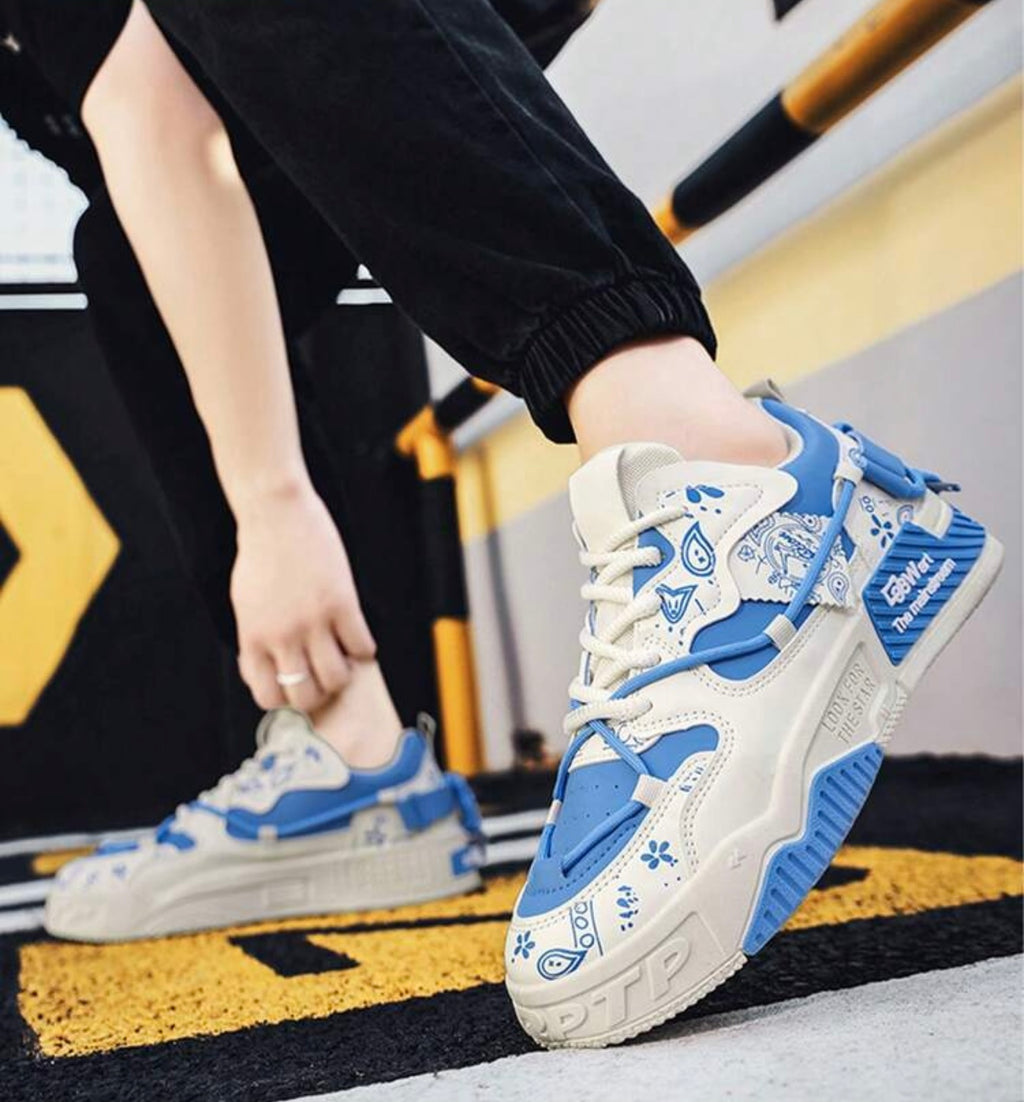 Bon&Bon Blauwe Heren Veterschoenen met Letterpatroon – Casual Sneakers