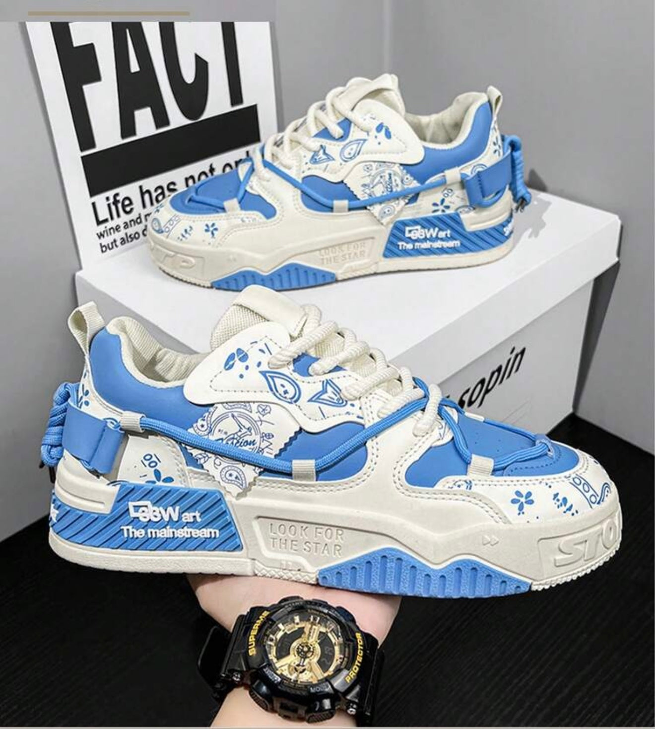 Bon&Bon Blauwe Heren Veterschoenen met Letterpatroon – Casual Sneakers