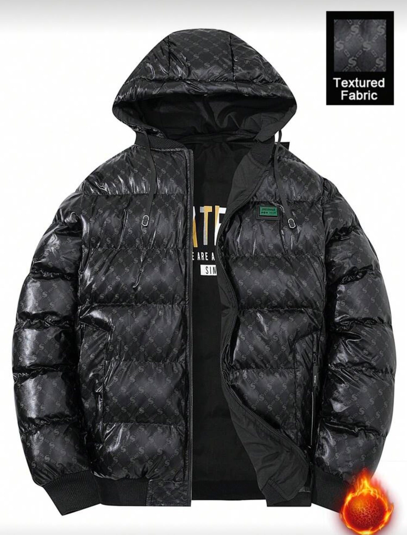 Bon&Bon Heren Winterjas Zwart – Gewatteerd met Grafische Print