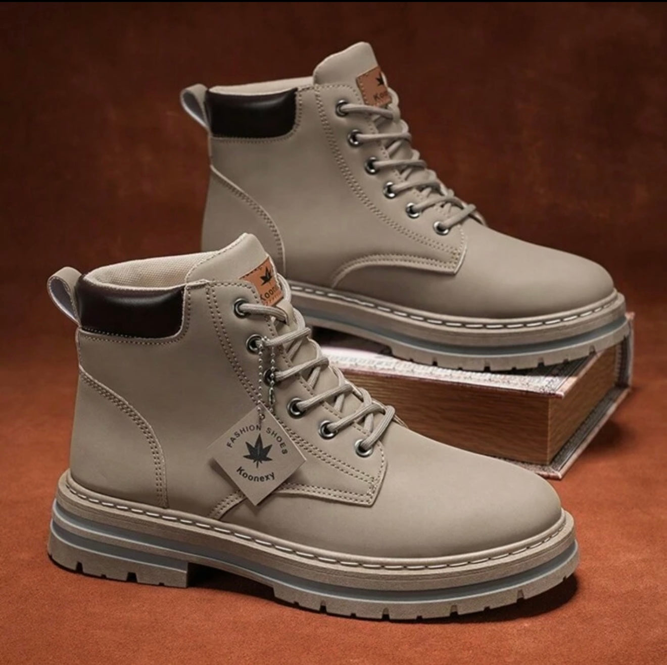 Bon&Bon Winter Hoge Veterschoenen voor Heren – Beige Rubberen Zool