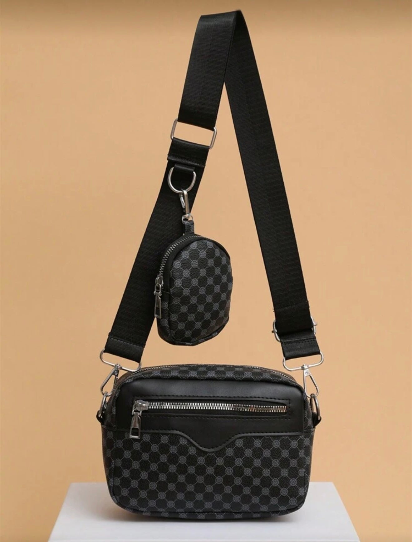 Bon&Bon Heren Schoudertas met Borduurwerk en Mini Portemonnee – Zwart