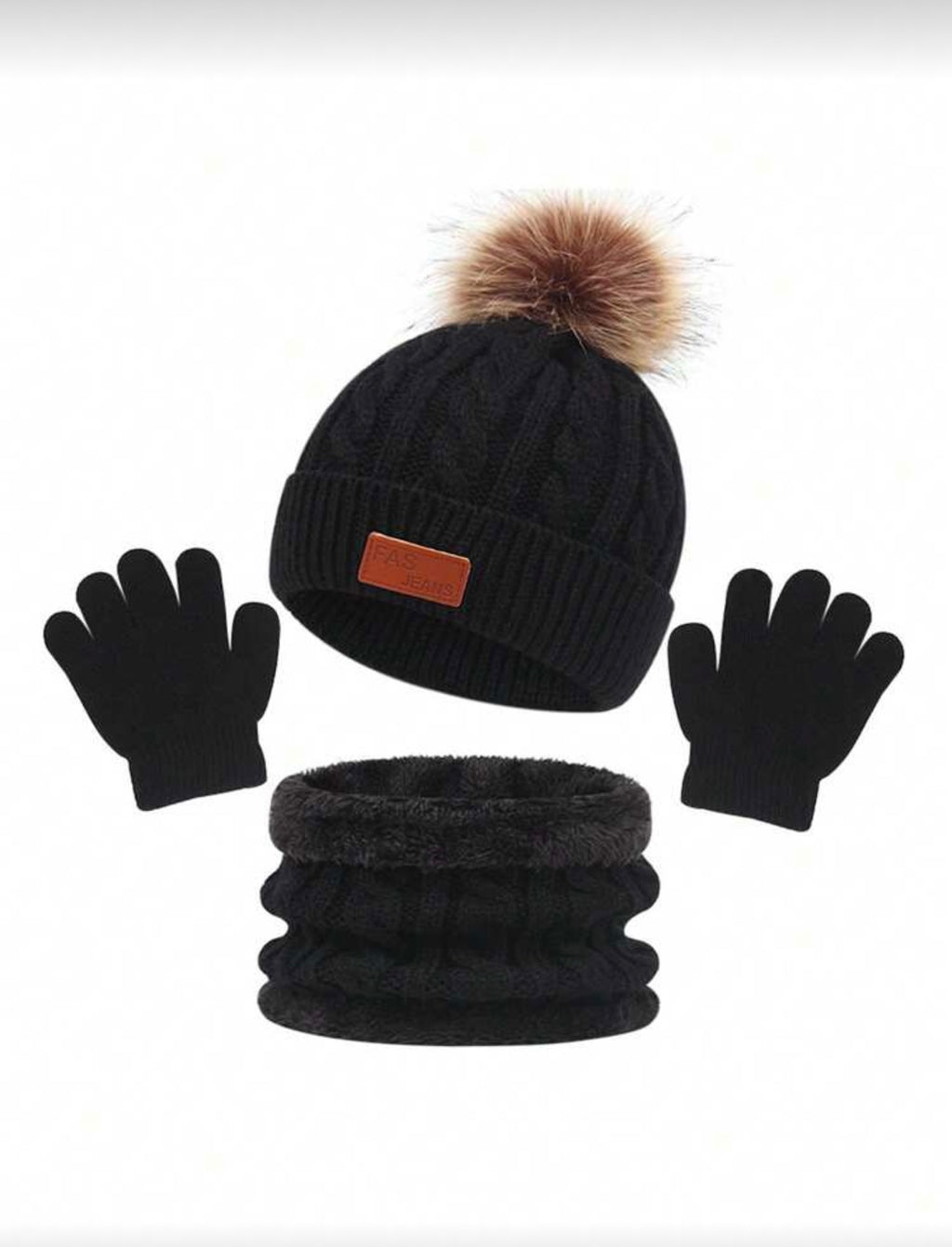 Bon&Bon 3-Delige Winterset Kinderen - Zwarte Muts, Sjaal & Handschoenen