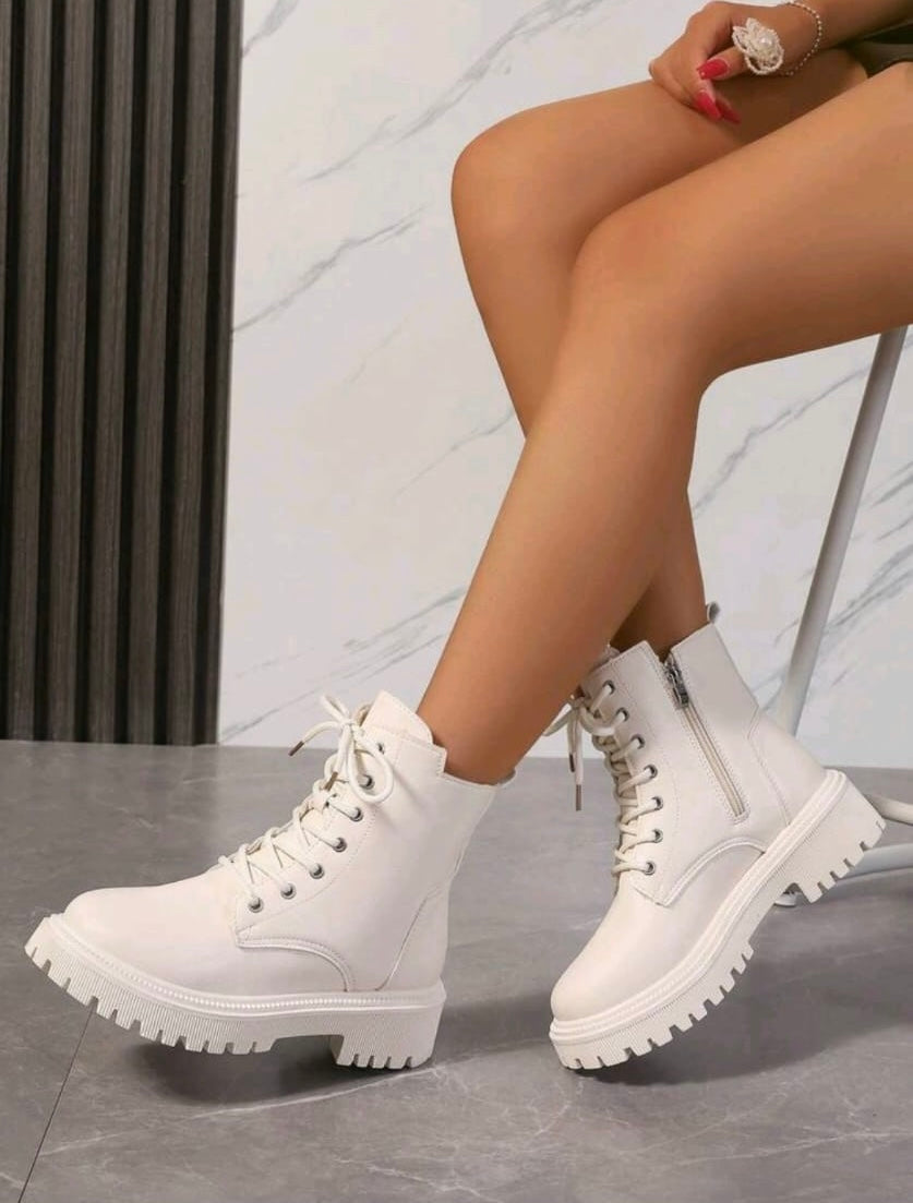 Bon&Bon Women’s White PU Leather Winter Lace-Up Boots with Zipper