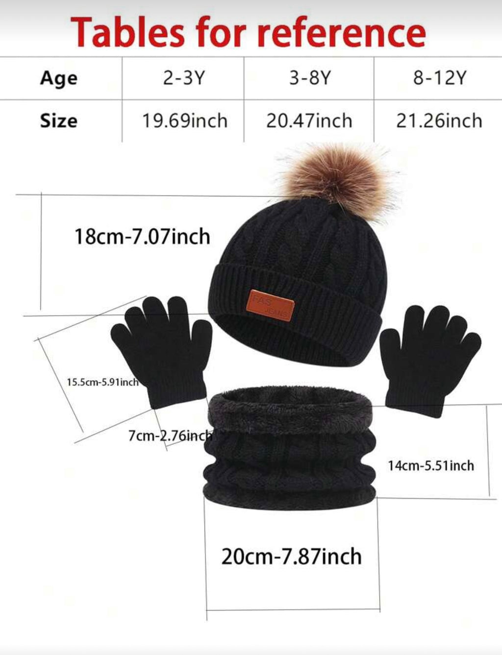 Bon&Bon 3-Delige Winterset Kinderen - Zwarte Muts, Sjaal & Handschoenen