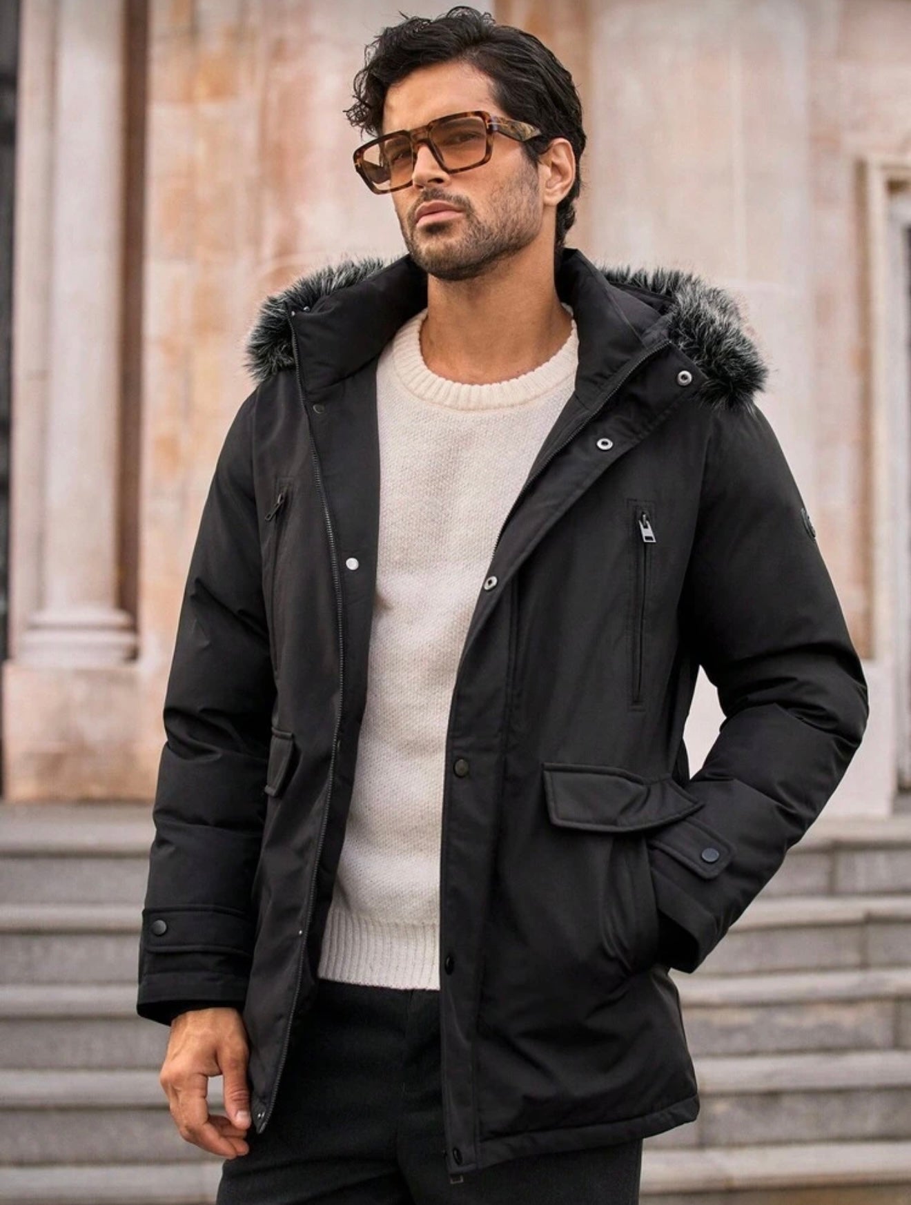 Bon&Bon Lange Winterjas Heren - Parka met Bontkraag - Zwart Polyester