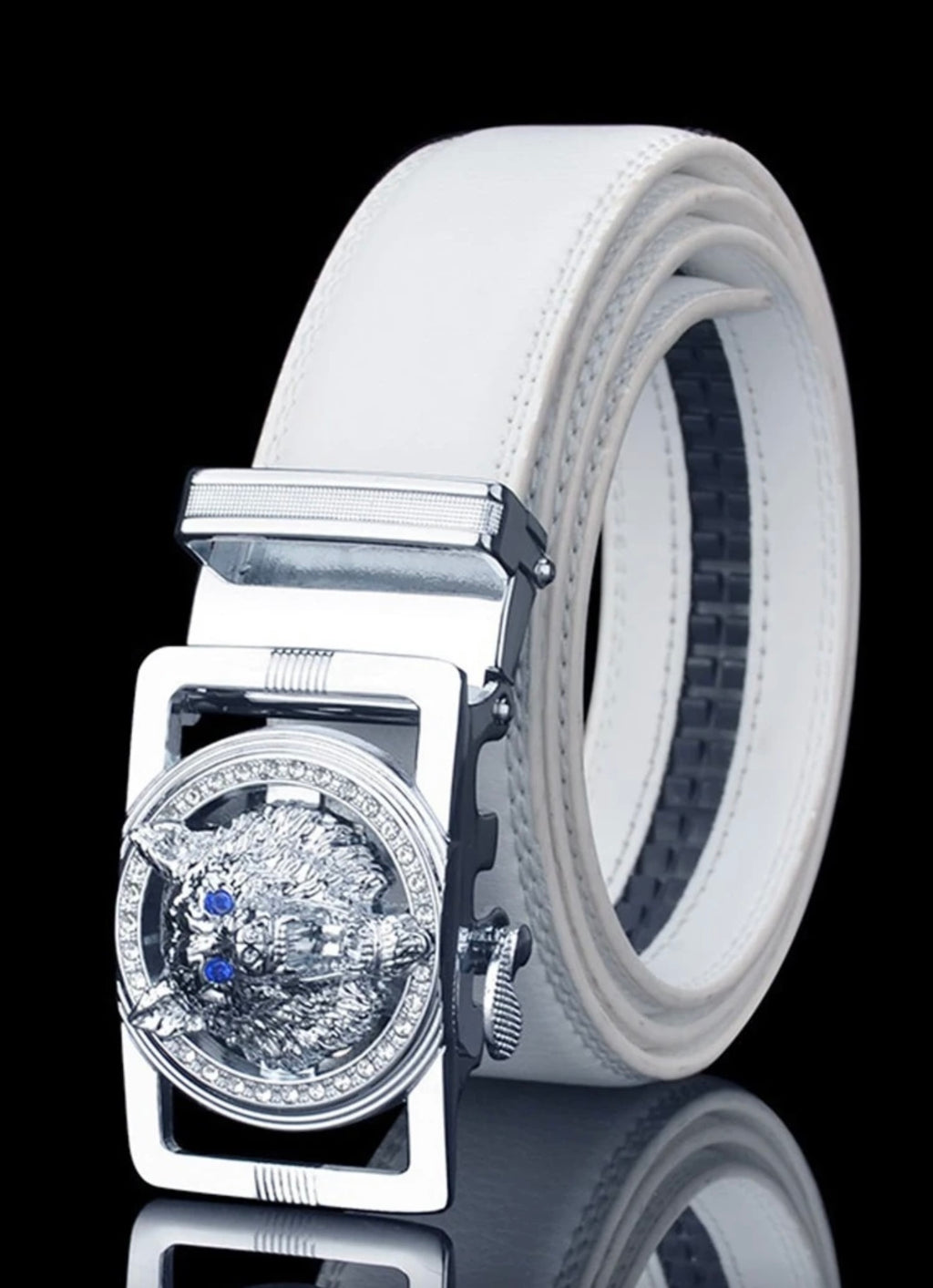 Bon&Bon Heren Riem Wit - Stalen Automatische Gesp met Zilveren Wolvenkop