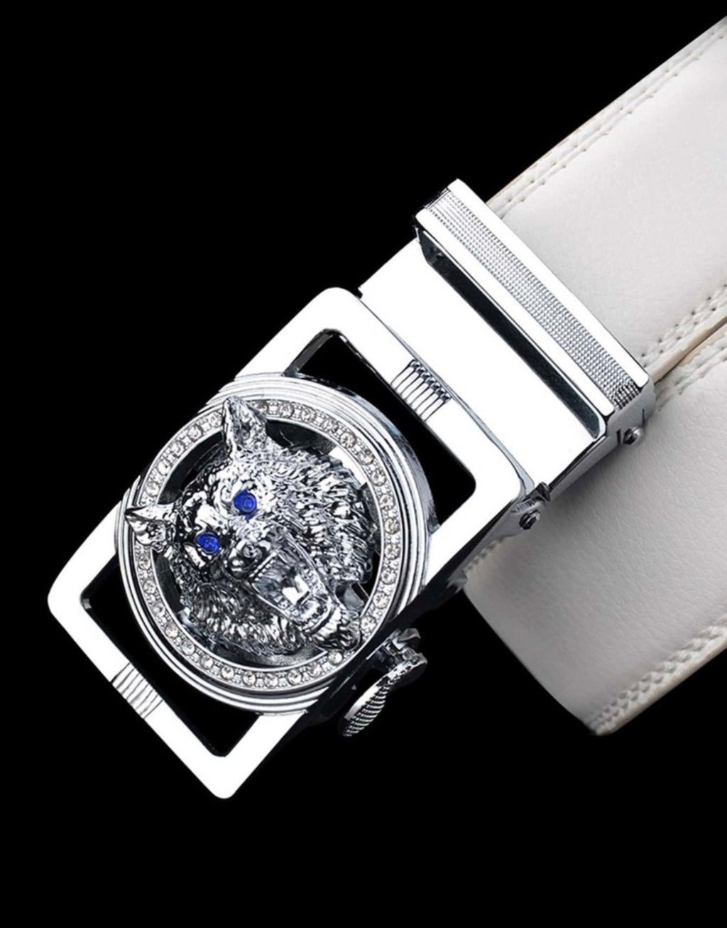 Bon&Bon Heren Riem Wit - Stalen Automatische Gesp met Zilveren Wolvenkop