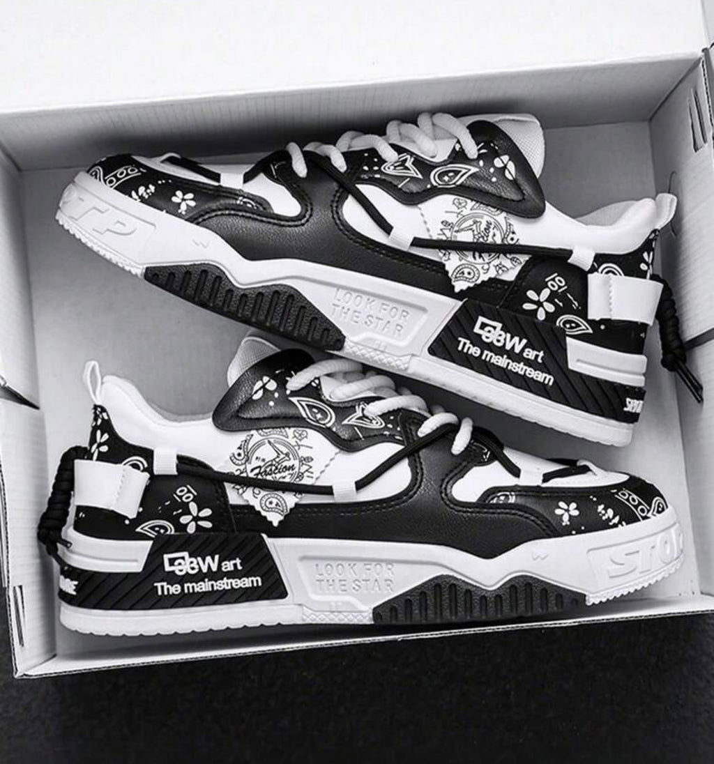 Bon&Bon Heren Veterschoenen Zwart – Casual Sneakers met Letterpatroon