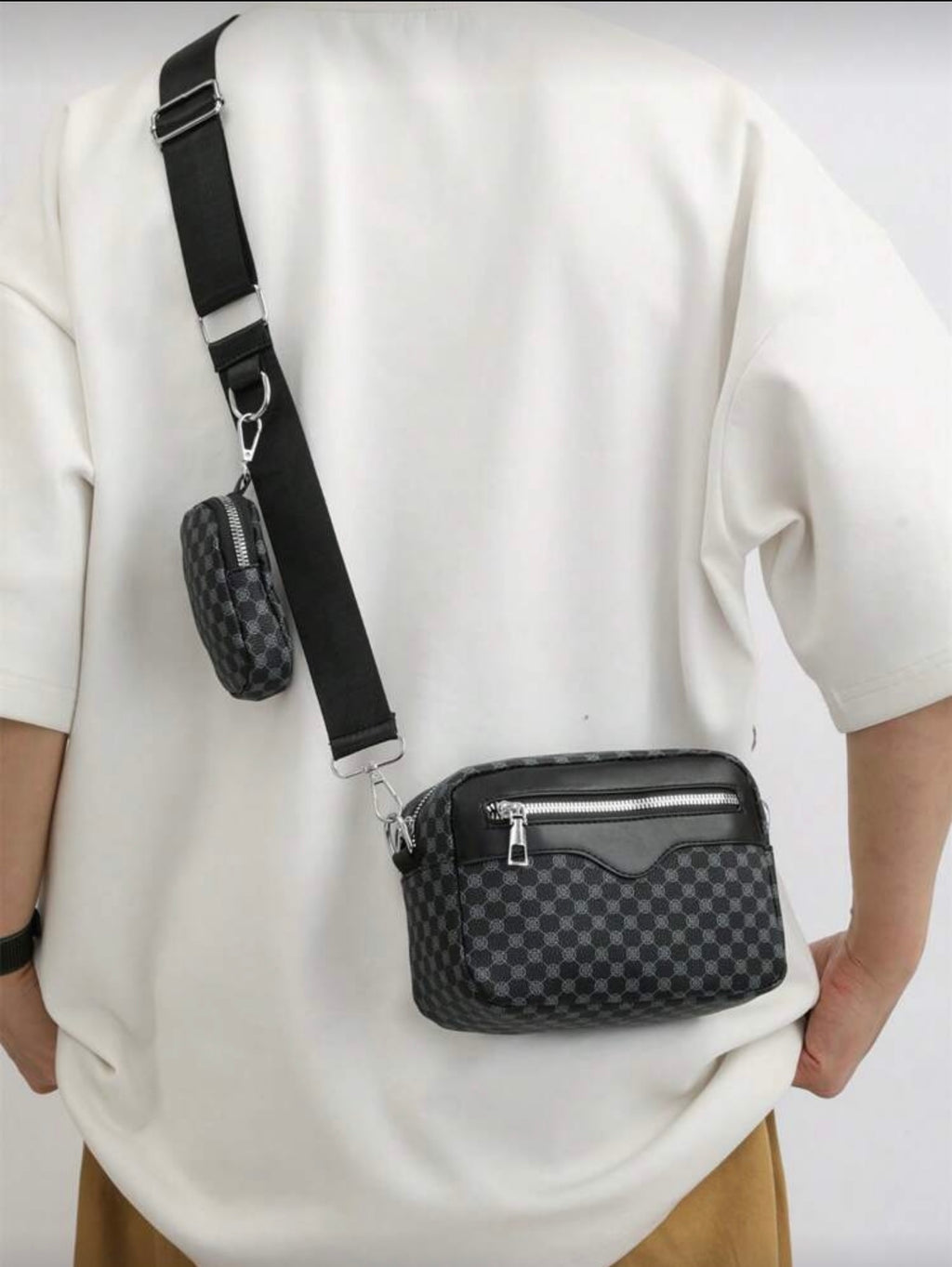 Bon&Bon Heren Schoudertas met Borduurwerk en Mini Portemonnee – Zwart