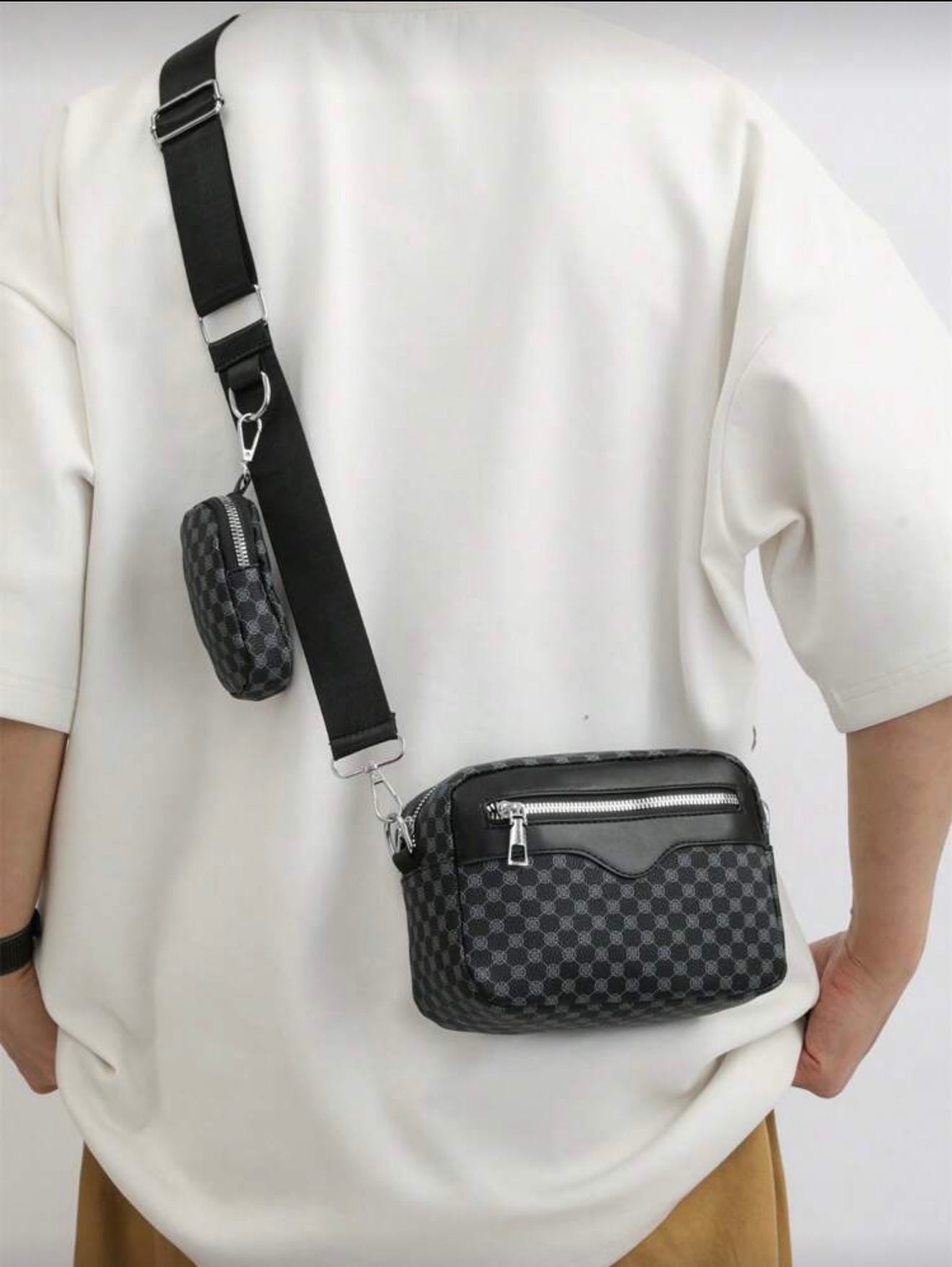 Bon&Bon Heren Schoudertas met Borduurwerk en Mini Portemonnee – Zwart