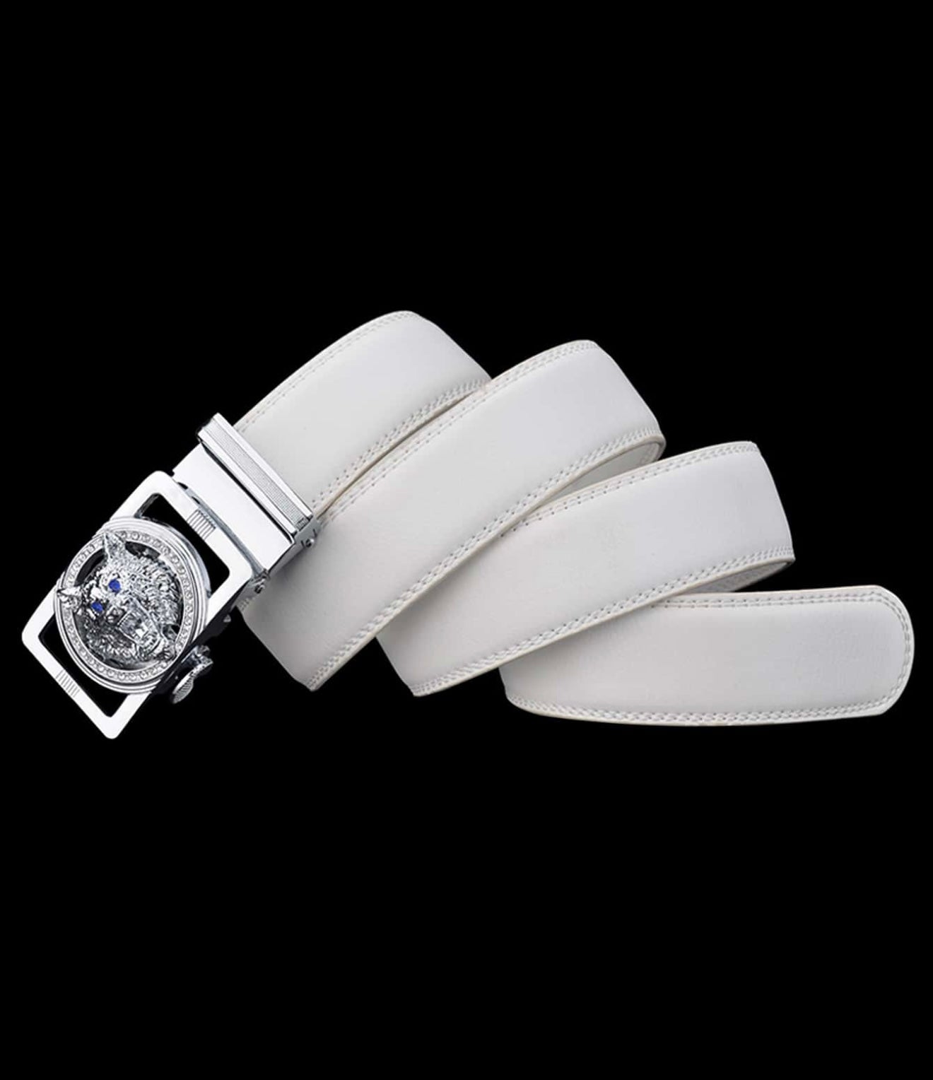 Bon&Bon Heren Riem Wit - Stalen Automatische Gesp met Zilveren Wolvenkop