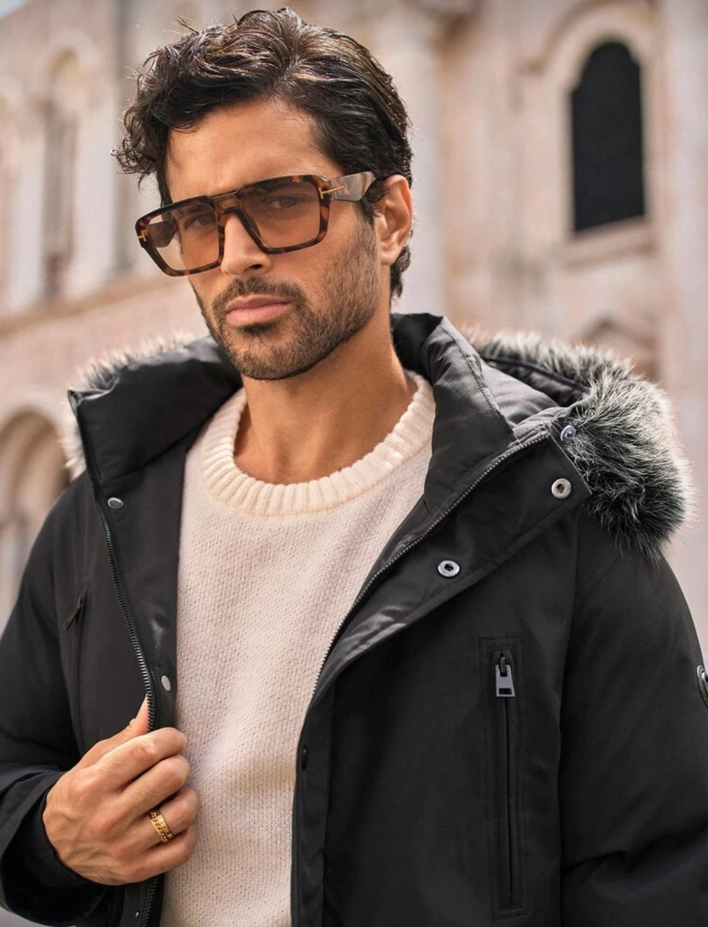 Bon&Bon Lange Winterjas Heren - Parka met Bontkraag - Zwart Polyester