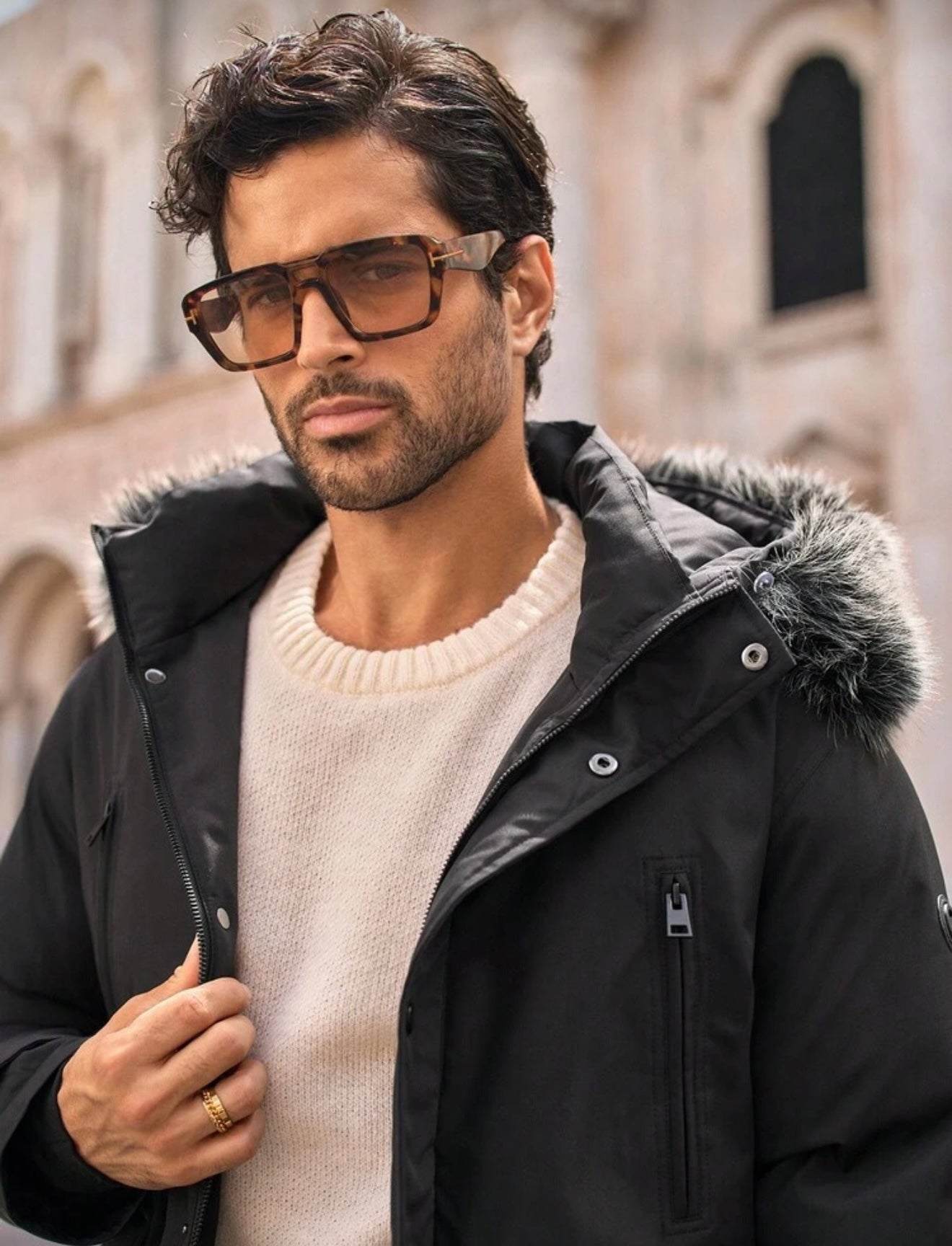 Bon&Bon Lange Winterjas Heren - Parka met Bontkraag - Zwart Polyester