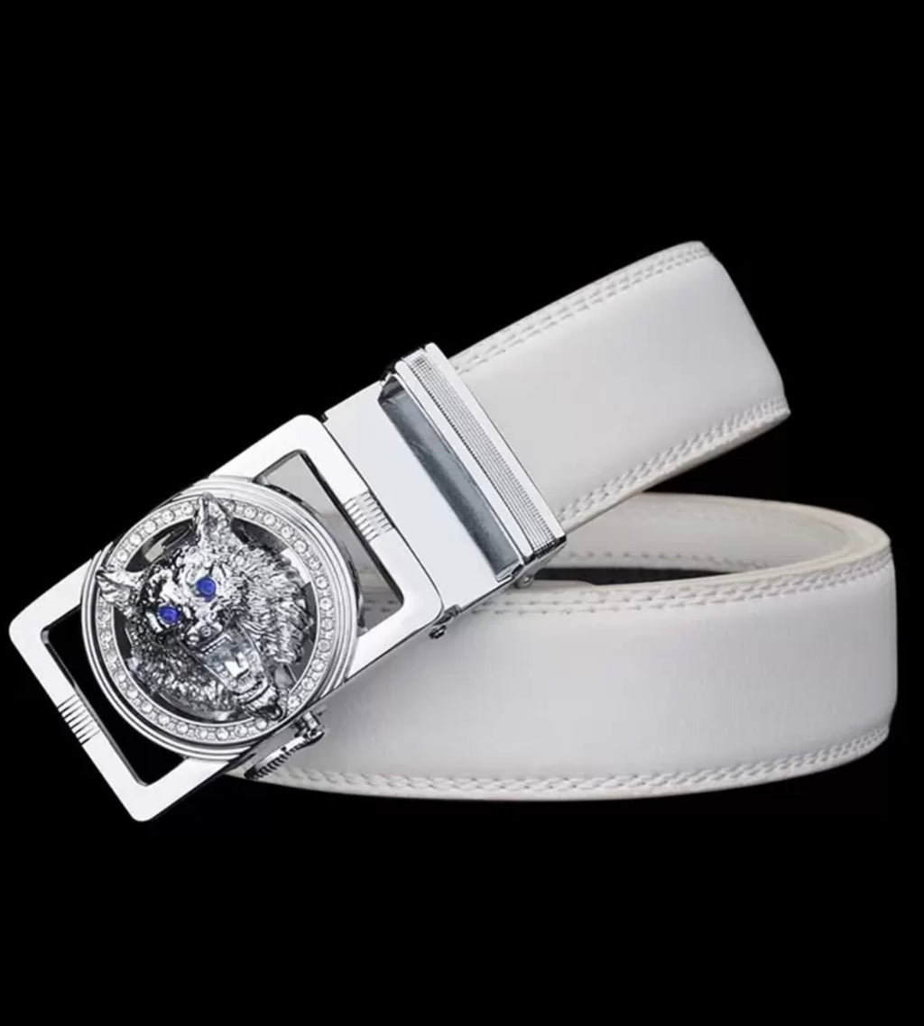 Bon&Bon Heren Riem Wit - Stalen Automatische Gesp met Zilveren Wolvenkop