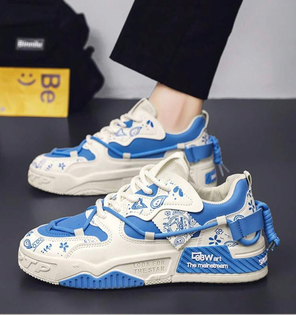 Bon&Bon Blauwe Heren Veterschoenen met Letterpatroon – Casual Sneakers