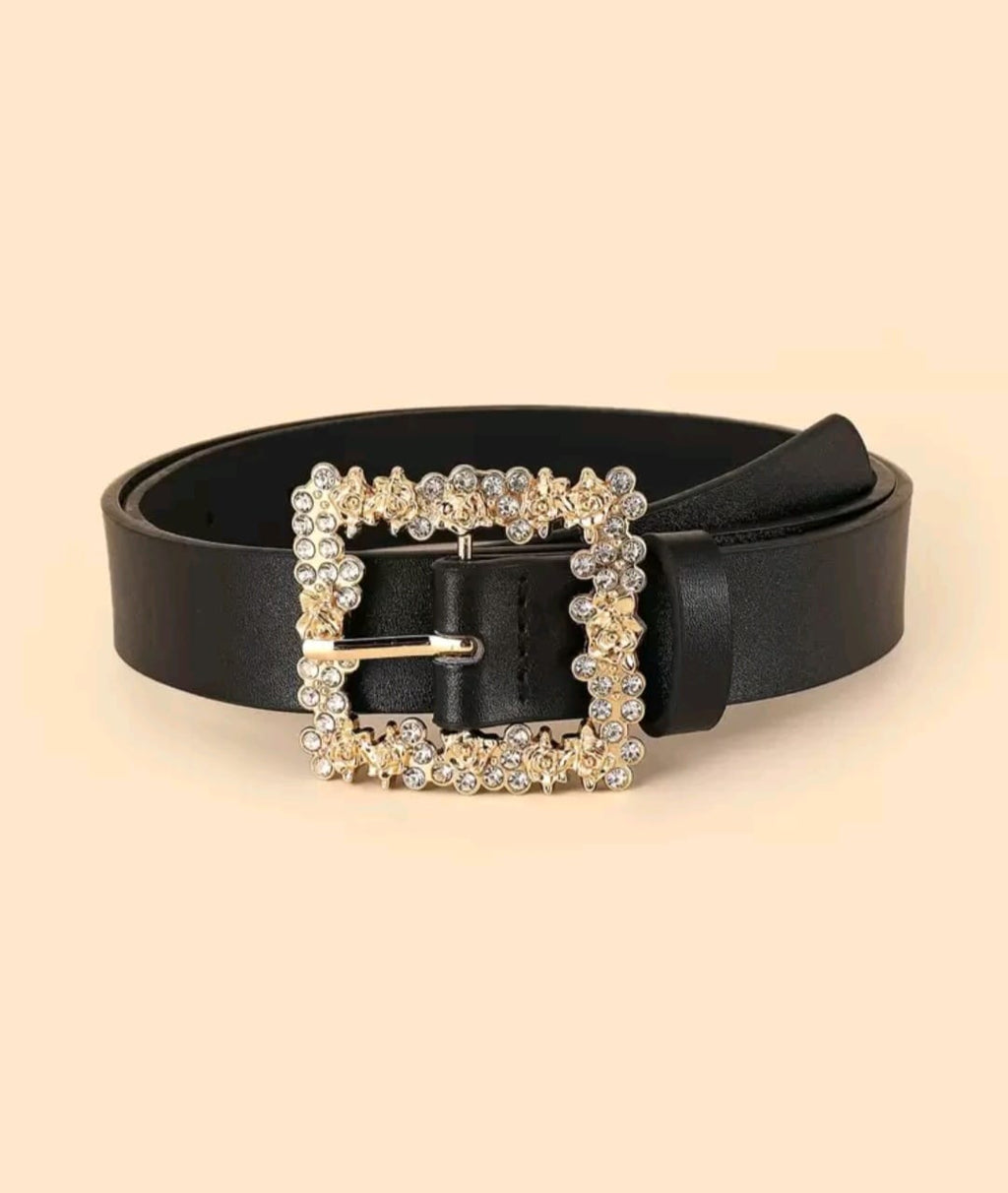 Bon&Bon Rhinestone Riem voor Dames – Zwart Leer met Metalen Gesp