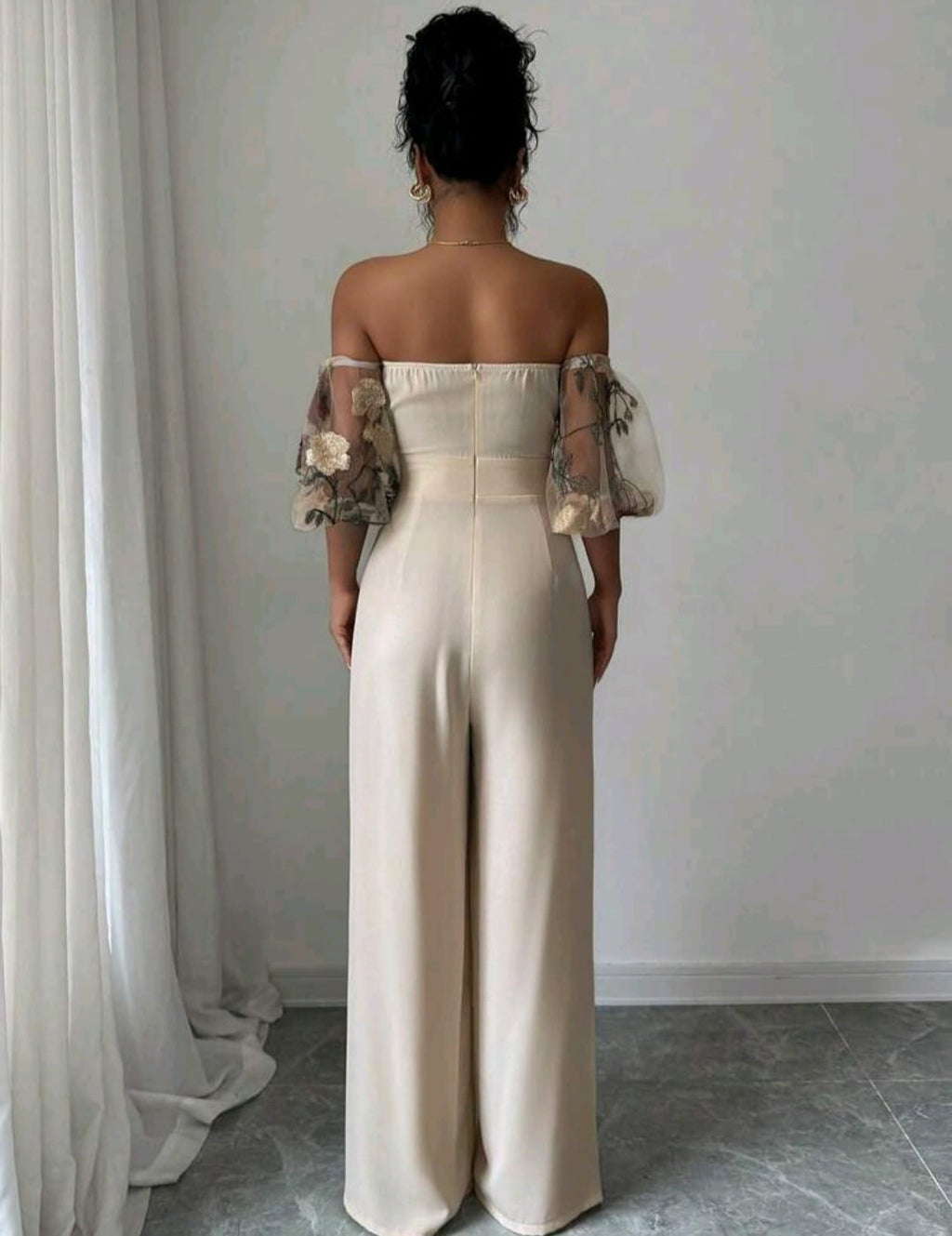 Bon&Bon Women’s Off Shoulder Jumpsuit – Beige Embroidered Wide Leg