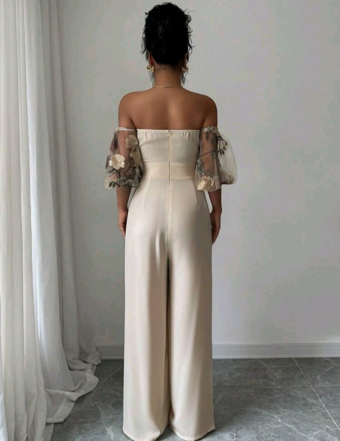 Bon&Bon Women’s Off Shoulder Jumpsuit – Beige Embroidered Wide Leg