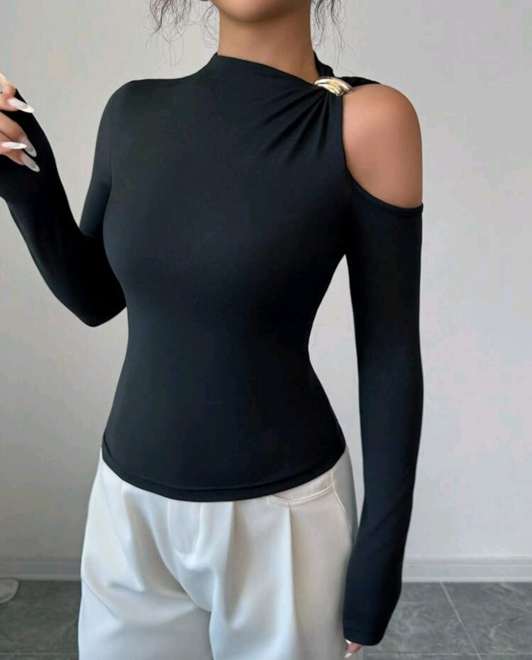 Bon&Bon Women's Off Shoulder Cut Out Long Sleeve Shirt – Black Polyester