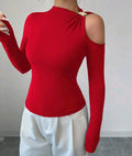 Bon&Bon Women's Red Off Shoulder Shirt – Sexy Cut Out Metal Decor Top