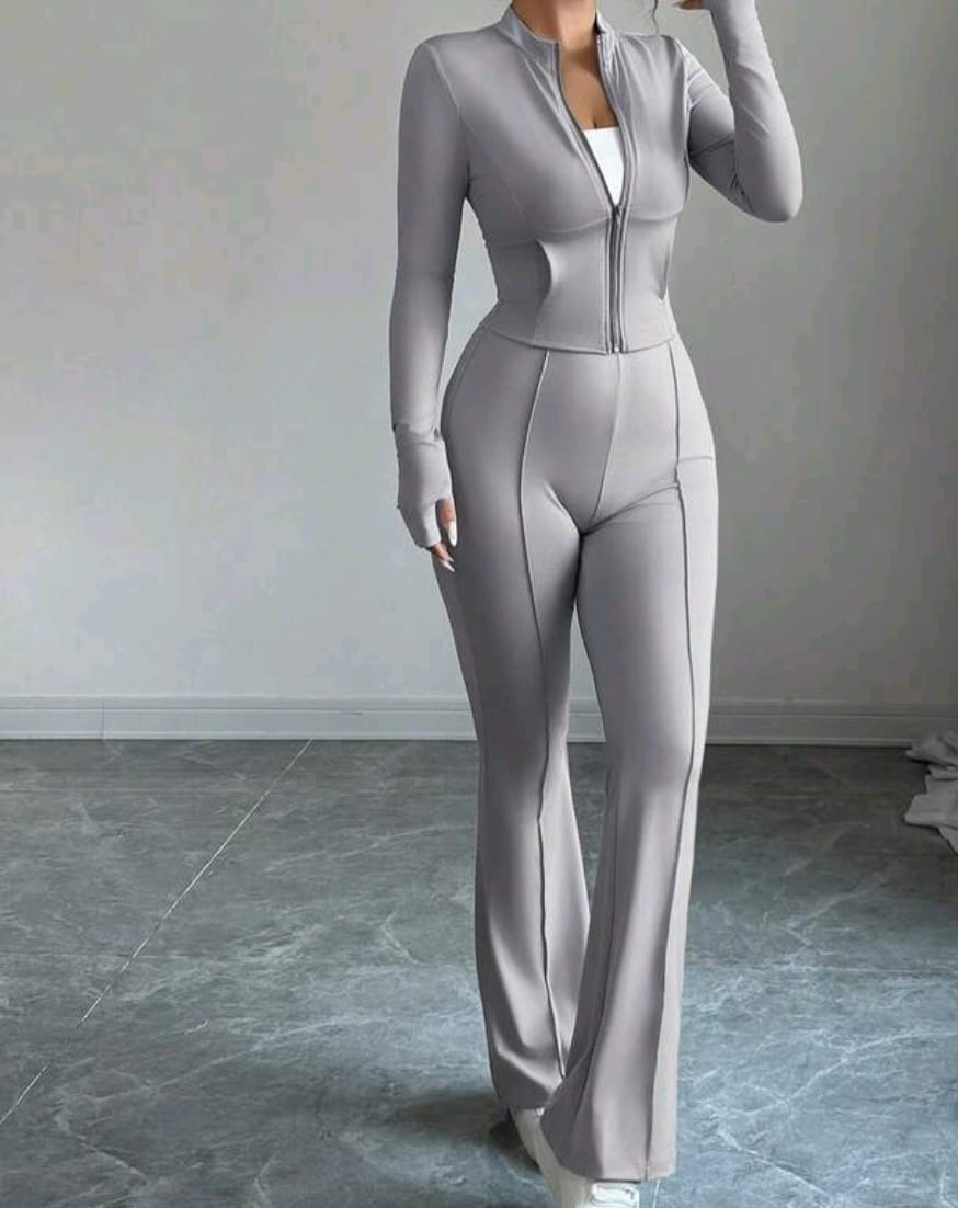 Bon&Bon Women’s Zip-Up Cropped Top and Flared Pants 2-Piece Set – Grey