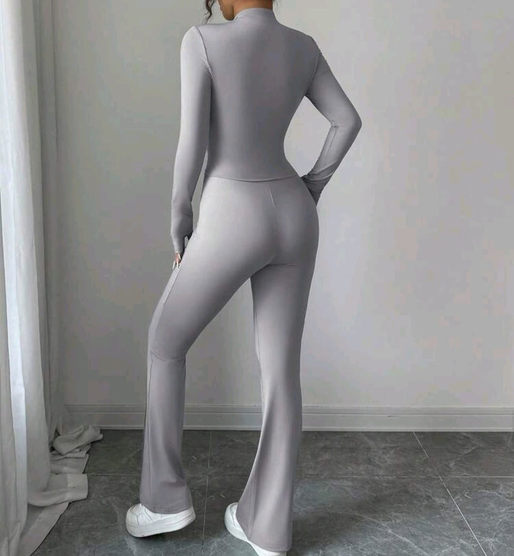 Bon&Bon Women’s Zip-Up Cropped Top and Flared Pants 2-Piece Set – Grey