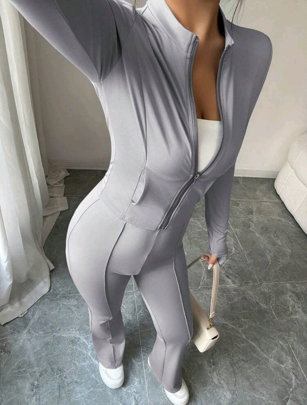 Bon&Bon Women’s Zip-Up Cropped Top and Flared Pants 2-Piece Set – Grey