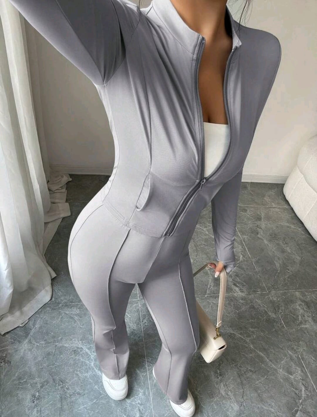 Bon&Bon Women’s Zip-Up Cropped Top and Flared Pants 2-Piece Set – Grey