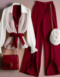 Bon&Bon Women's Elegant Burgundy 2-Piece Belted Shirt and Pants Set
