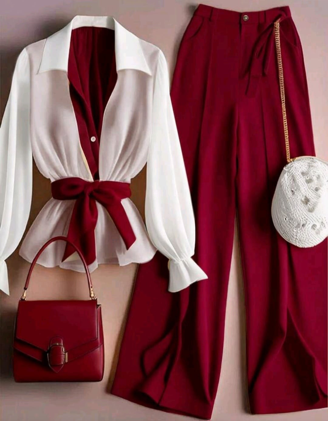 Bon&Bon Women's Elegant Burgundy 2-Piece Belted Shirt and Pants Set