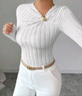 Bon&Bon White Asymmetrical Twist Rib-Knit Elegant T-Shirt for Women
