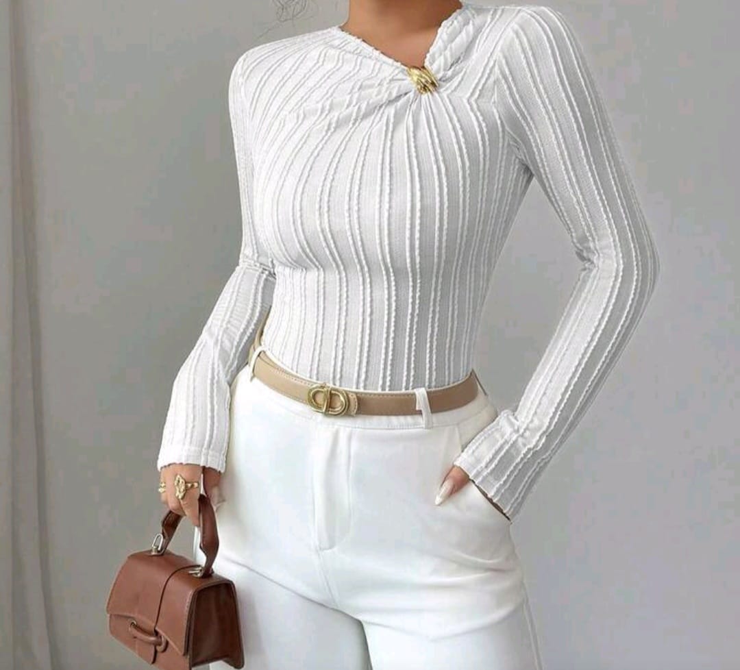 Bon&Bon White Asymmetrical Twist Rib-Knit Elegant T-Shirt for Women