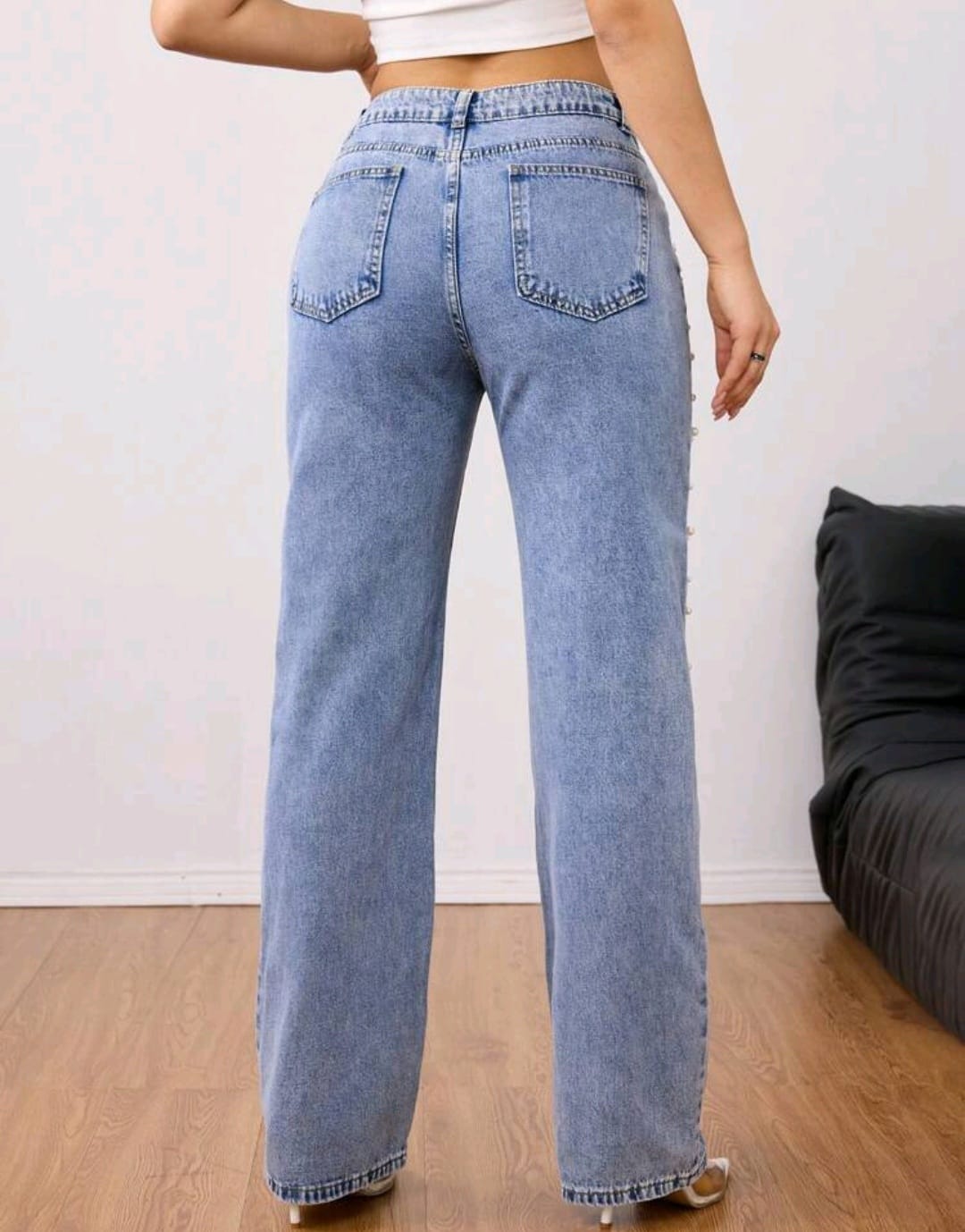 Bon&Bon Women's Distressed Pearl Decor Straight Leg Jeans | Blue Denim