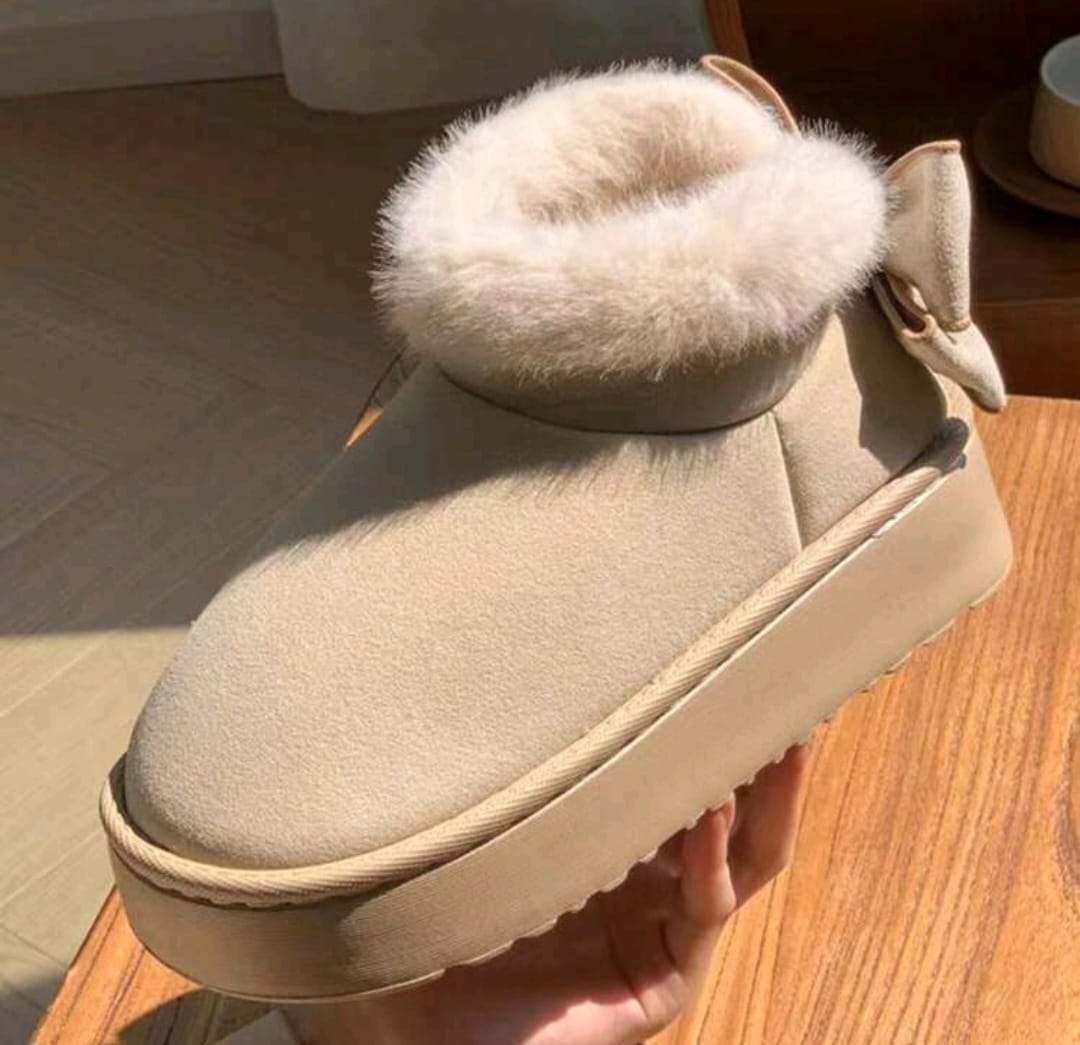 Bon&Bon Women's Beige Bow Slipper Boots – Thick Sole Winter Flats