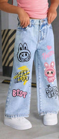 Bon&Bon Baby Girls Rabbit Print Denim Jeans | Straight Leg Cute Pants