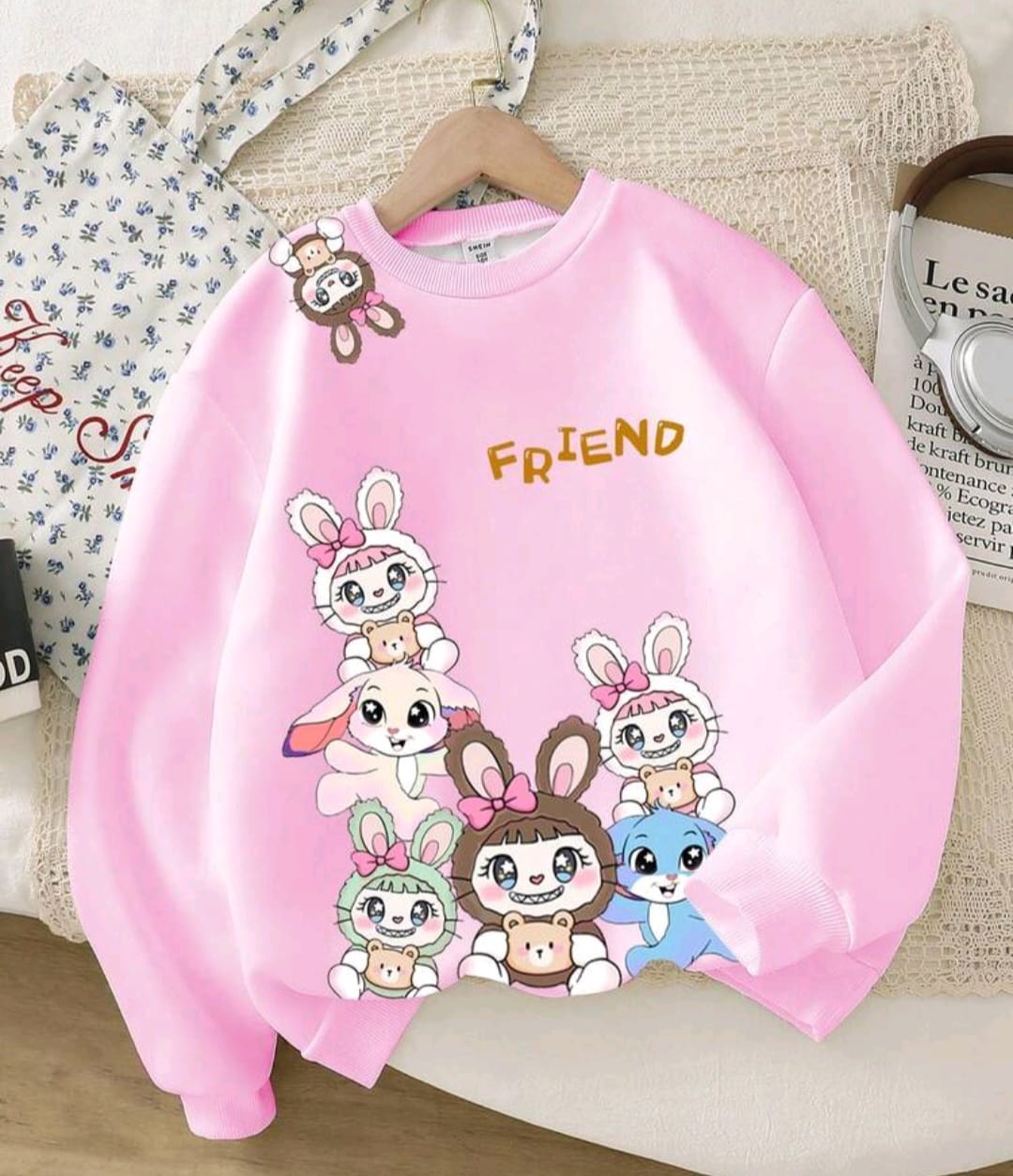 Bon&Bon Girls Cute Cartoon Rabbit Print Pink Drop Shoulder Sweatshirt