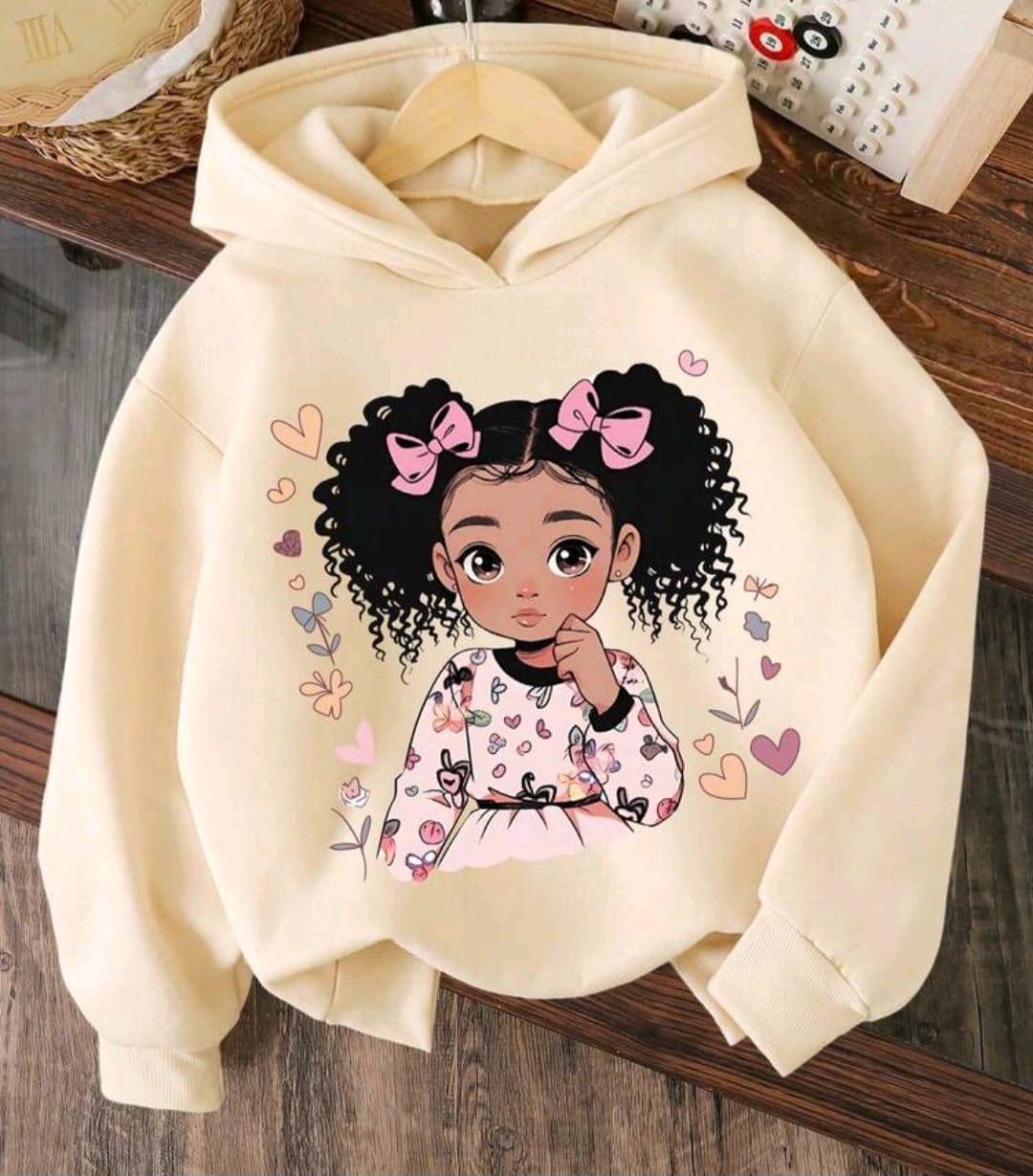 Bon&Bon Girls Cartoon Warm Hoodie – Apricot Polyester Cute Sweatshirt