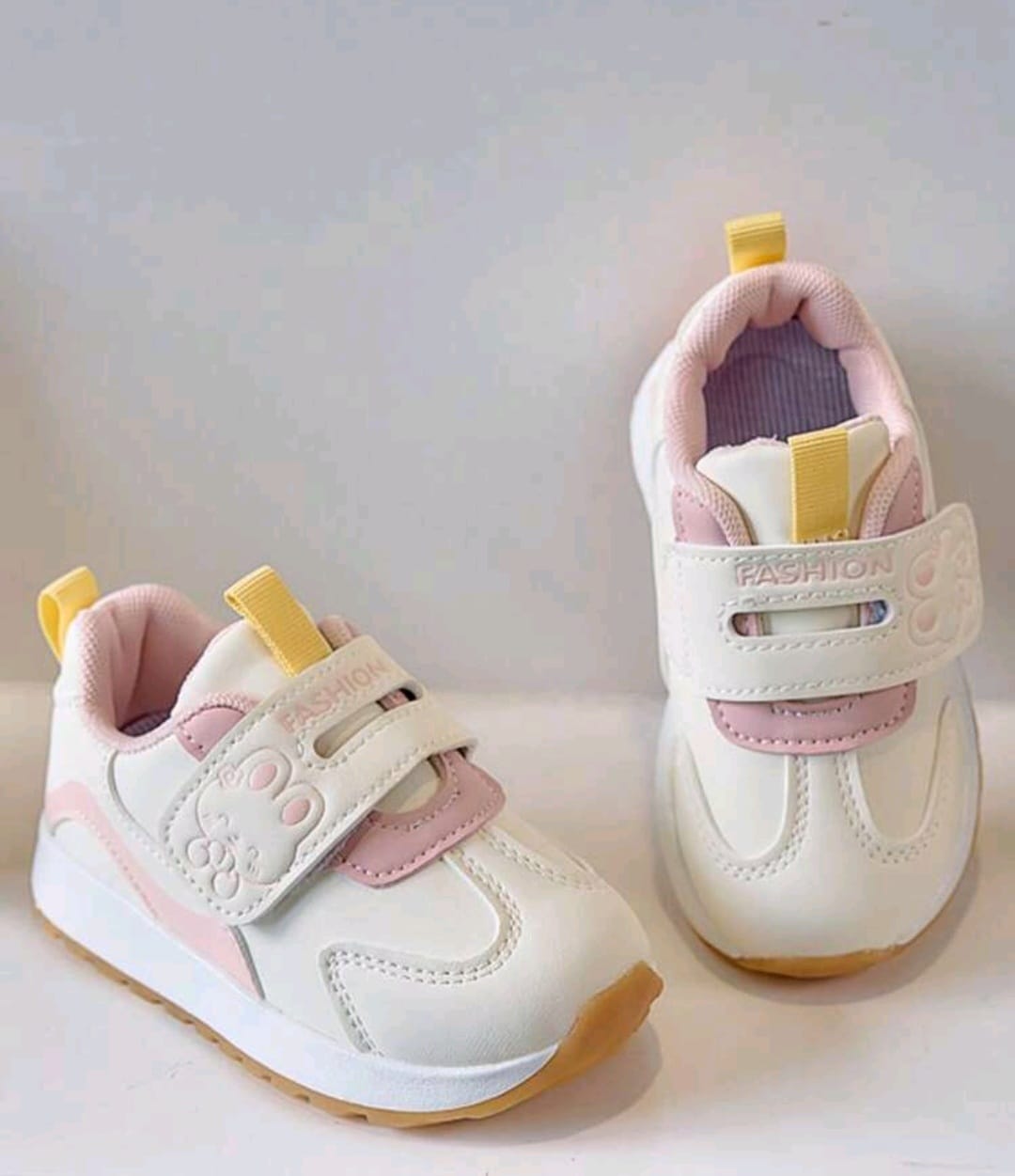 Bon&Bon Baby Non-Slip PU Leather Sneakers – Pink and White Hook Loop