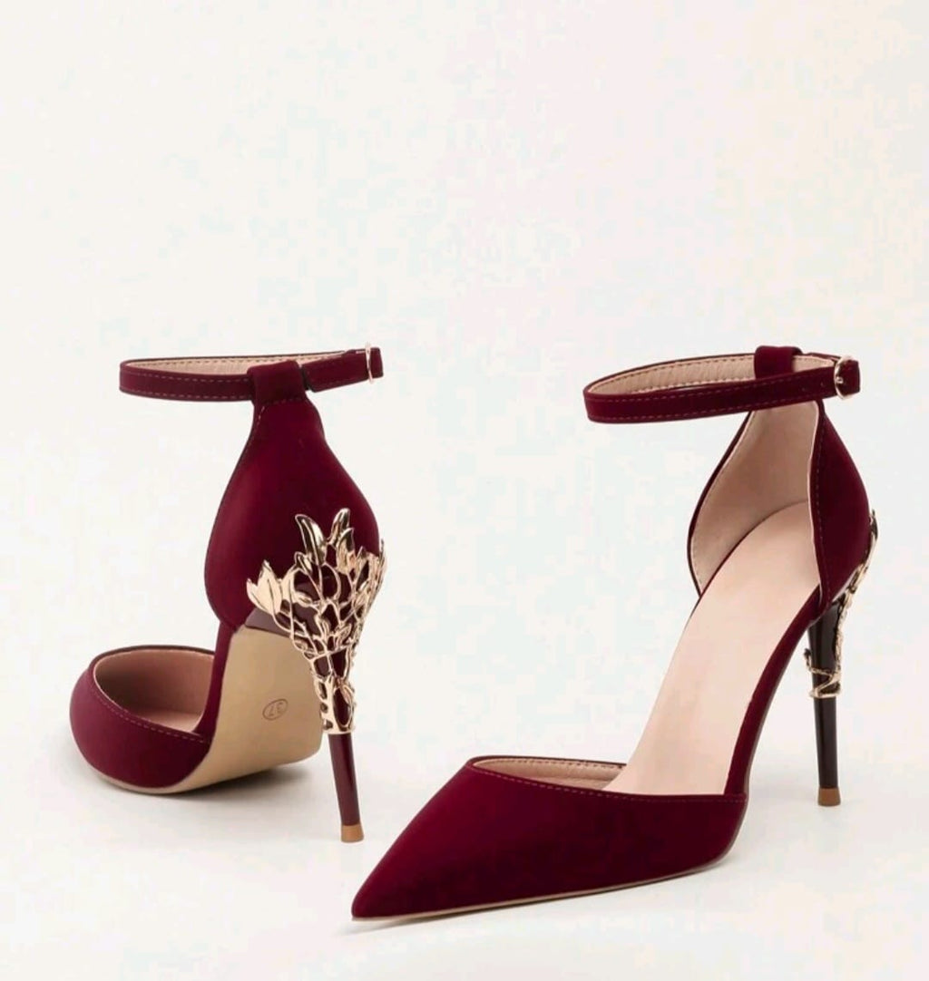 Bon&Bon Burgundy Metal Flower Stiletto High Heel Ankle Strap Pumps