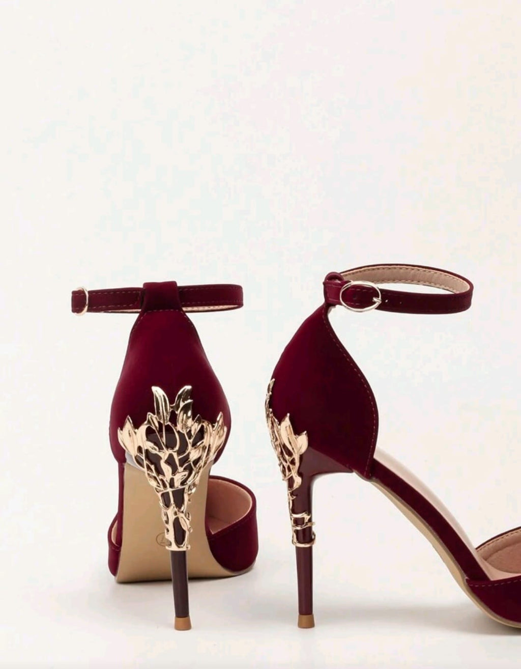 Bon&Bon Burgundy Metal Flower Stiletto High Heel Ankle Strap Pumps