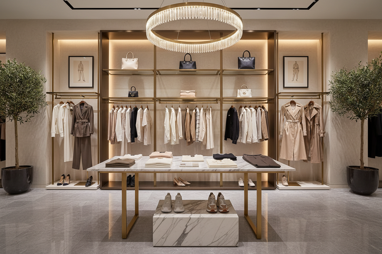 Verschillende modekledingen t-shirts, broeken, jassen, schoenen op een plek in een luxe omgeving